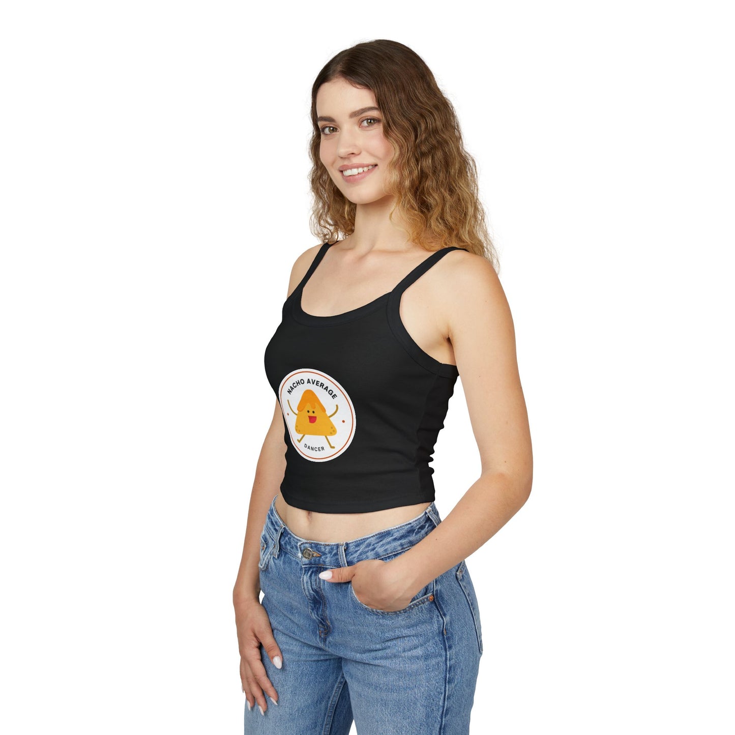 "Nacho Average Dancer" Women’s Spaghetti Strap Tank Top – Cute Nacho Dance Graphic | Funny Pun Apparel for Dancers & Food Lovers