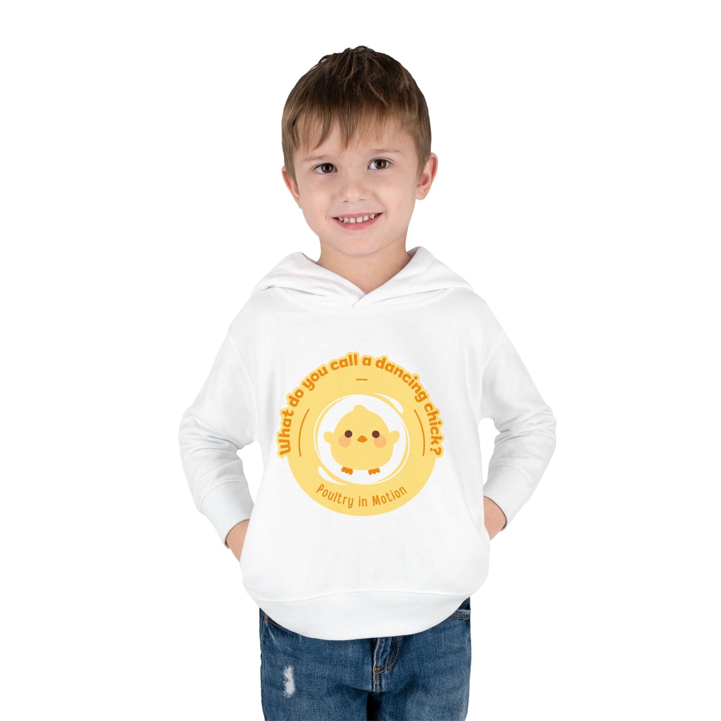 "What do you call a dancing chick? Poultry in Motion." Toddler Pullover Hoodie – Funny Dancing Chicken Pun Graphic Fleece Sweatshirt for Kids