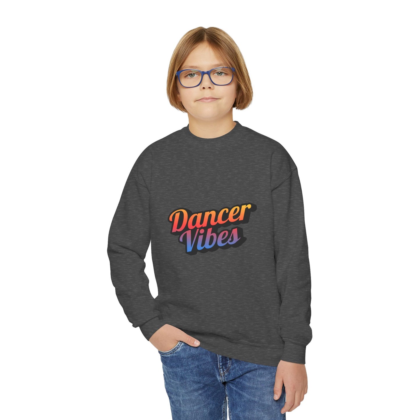 "Dancer Vibes" Youth Crewneck Sweatshirt – Colorful Text-Based Dance Graphic Pullover for Kids and Teens