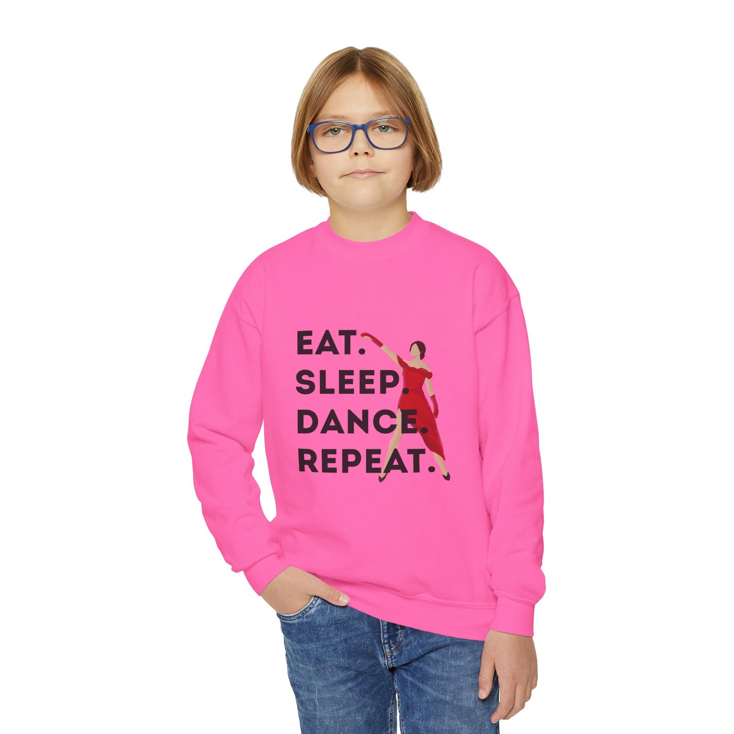 "Eat Sleep Dance Repeat" – Bold Dancer Graphic Youth Crewneck Sweatshirt | Kids Dance Life Pullover