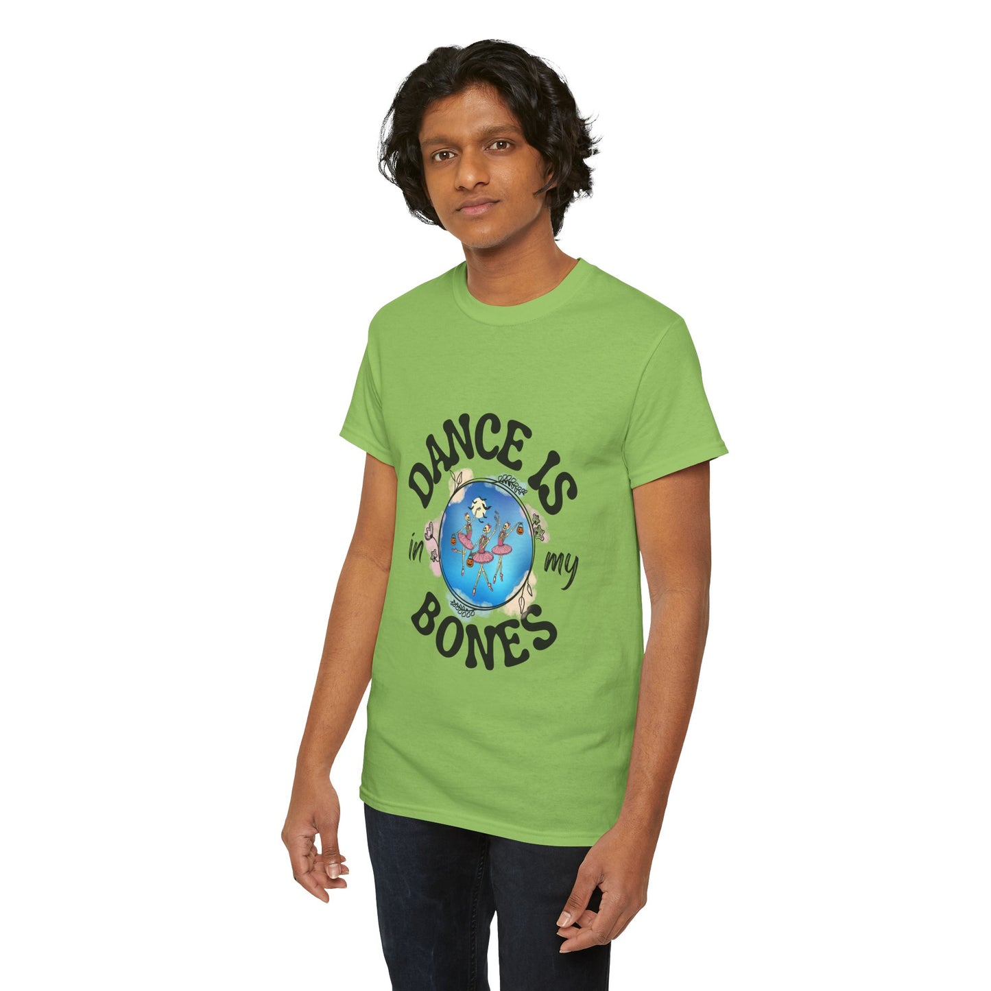 “Dance Is in My Bones” Halloween Dance T-Shirt with Dancing Skeletons Graphic - Unisex Heavy Cotton Tee