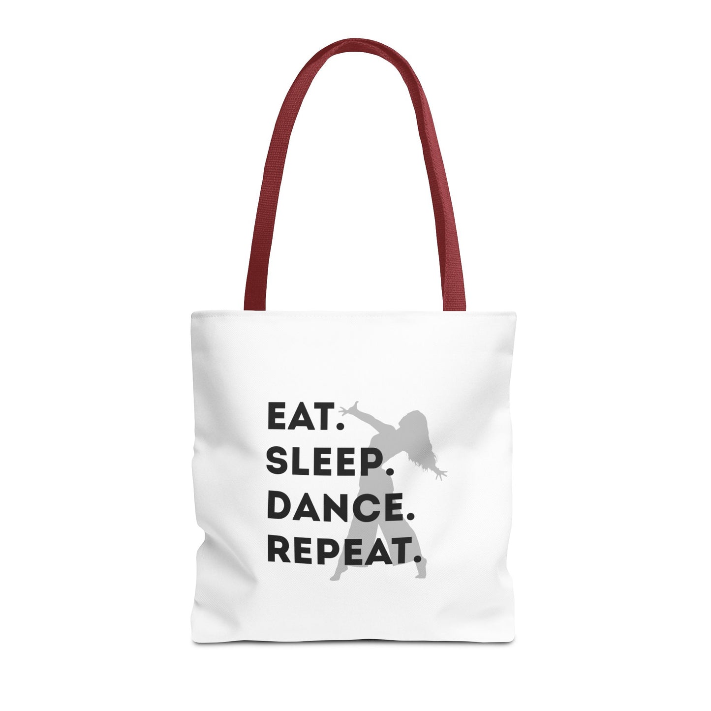 "Eat Sleep Dance Repeat" Canvas Tote Bag – Gray Dancer Silhouette Dance-Themed Reusable Shoulder Bag for Dancers, Studio, or Everyday Use