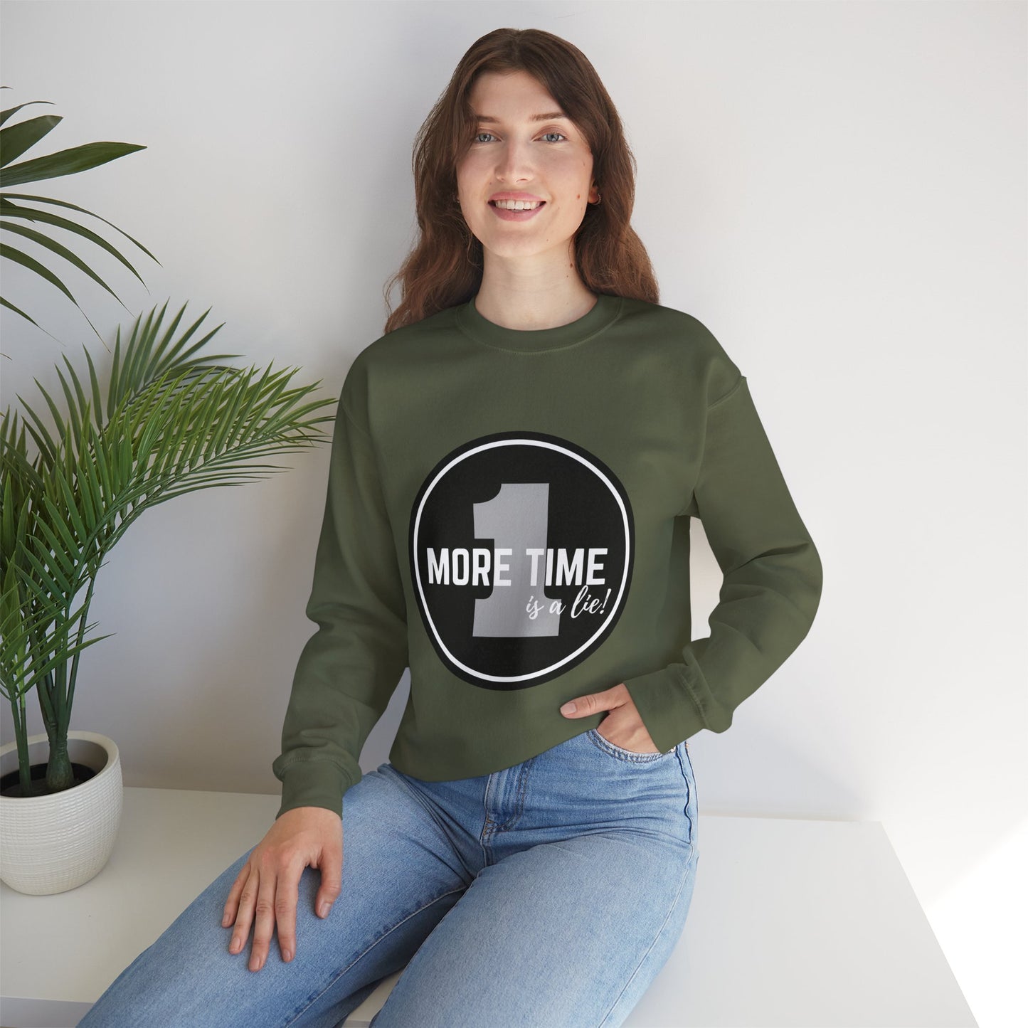 "One More Time Is a Lie." Unisex Heavy Blend Crewneck Sweatshirt – Bold Emblem Graphic Dance Teacher Quote Pullover for Dancers & Studio Life