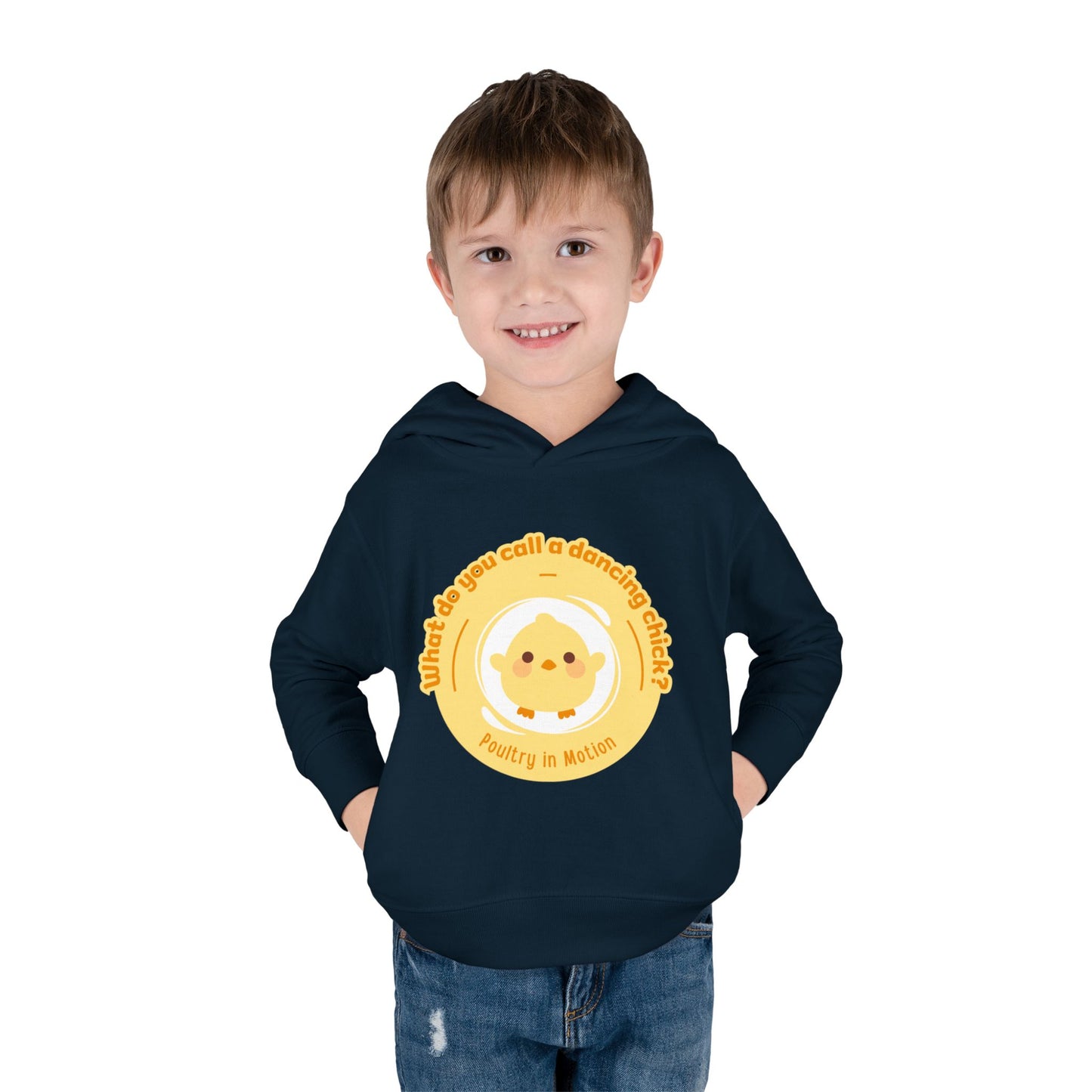 "What do you call a dancing chick? Poultry in Motion." Toddler Pullover Hoodie – Funny Dancing Chicken Pun Graphic Fleece Sweatshirt for Kids