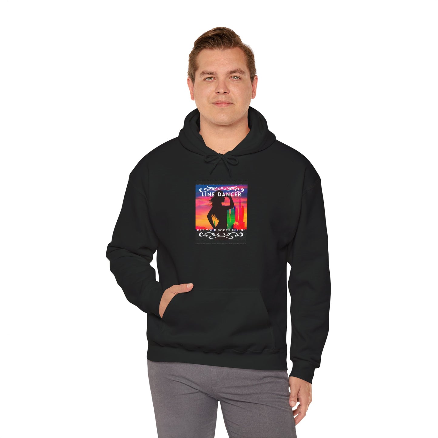 "Line Dancer, Get Your Boots in Line" Western-Inspired Graphic – Unisex Heavy Blend™ Hooded Sweatshirt