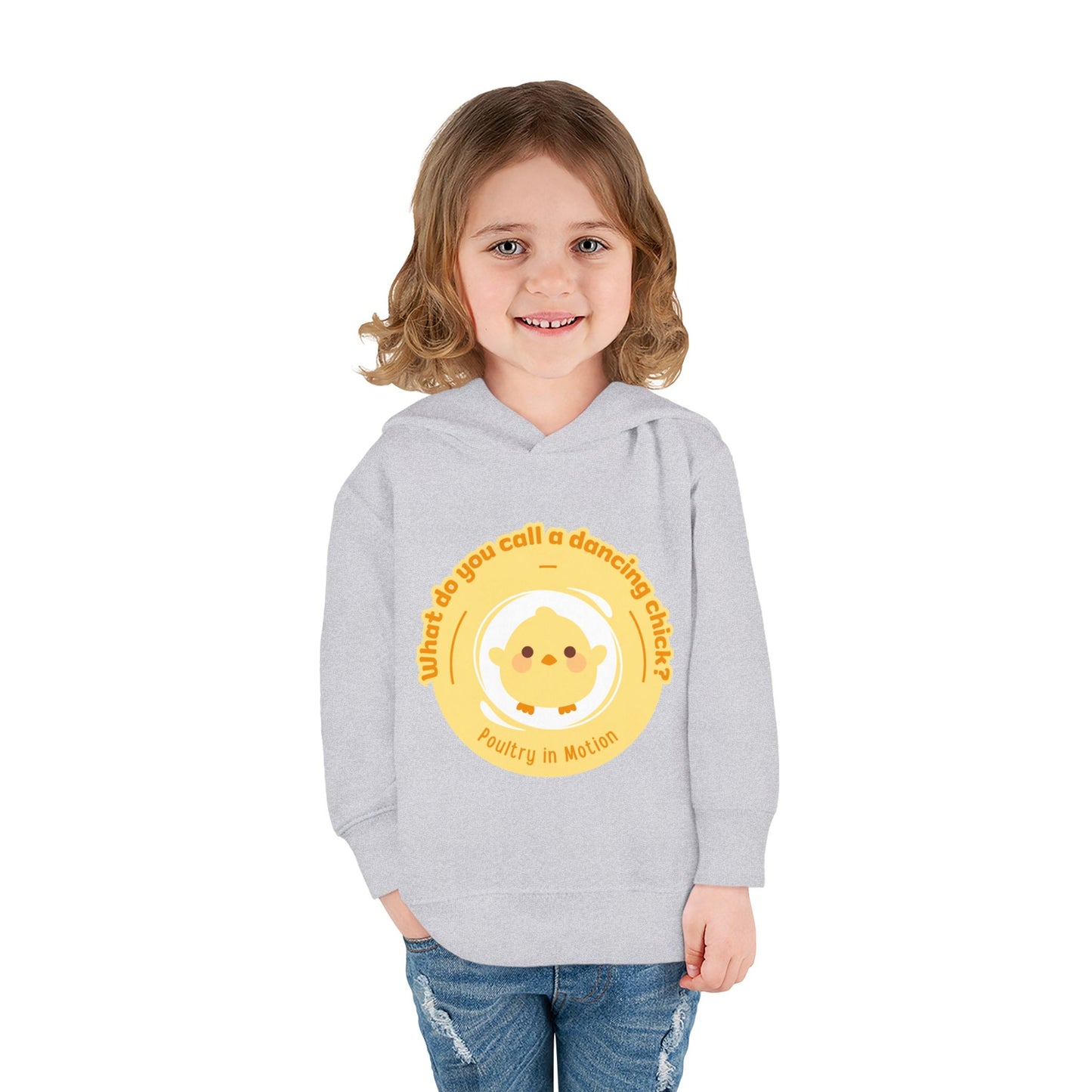 "What do you call a dancing chick? Poultry in Motion." Toddler Pullover Hoodie – Funny Dancing Chicken Pun Graphic Fleece Sweatshirt for Kids