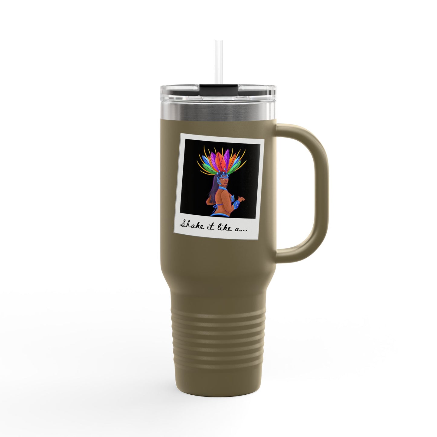 "Shake It Like a..." 40oz Insulated Travel Mug – Carnival Samba Dancer Graphic | Fun Dance-Themed Stainless Steel Tumbler for Hot & Cold Drinks