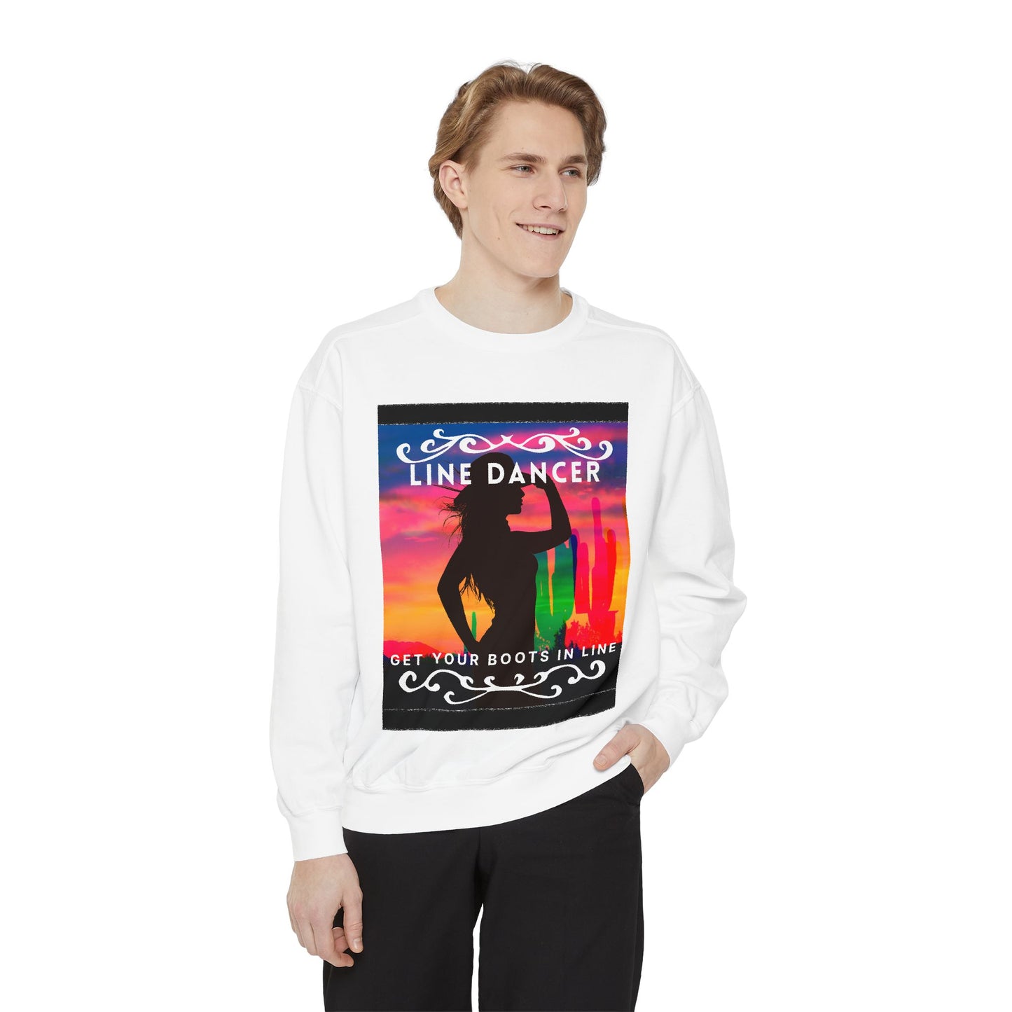 "Line Dancer, Get Your Boots in Line" Unisex Lightweight Crewneck Sweatshirt – Western Dance Graphic Pullover for Country Music & Boot Scootin’ Fans