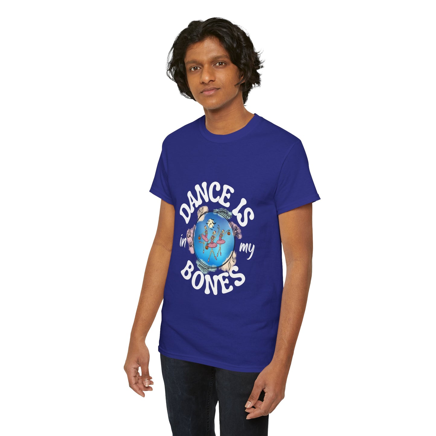“Dance Is in My Bones” Halloween Dance T-Shirt with Dancing Skeletons Graphic - Unisex Heavy Cotton Tee