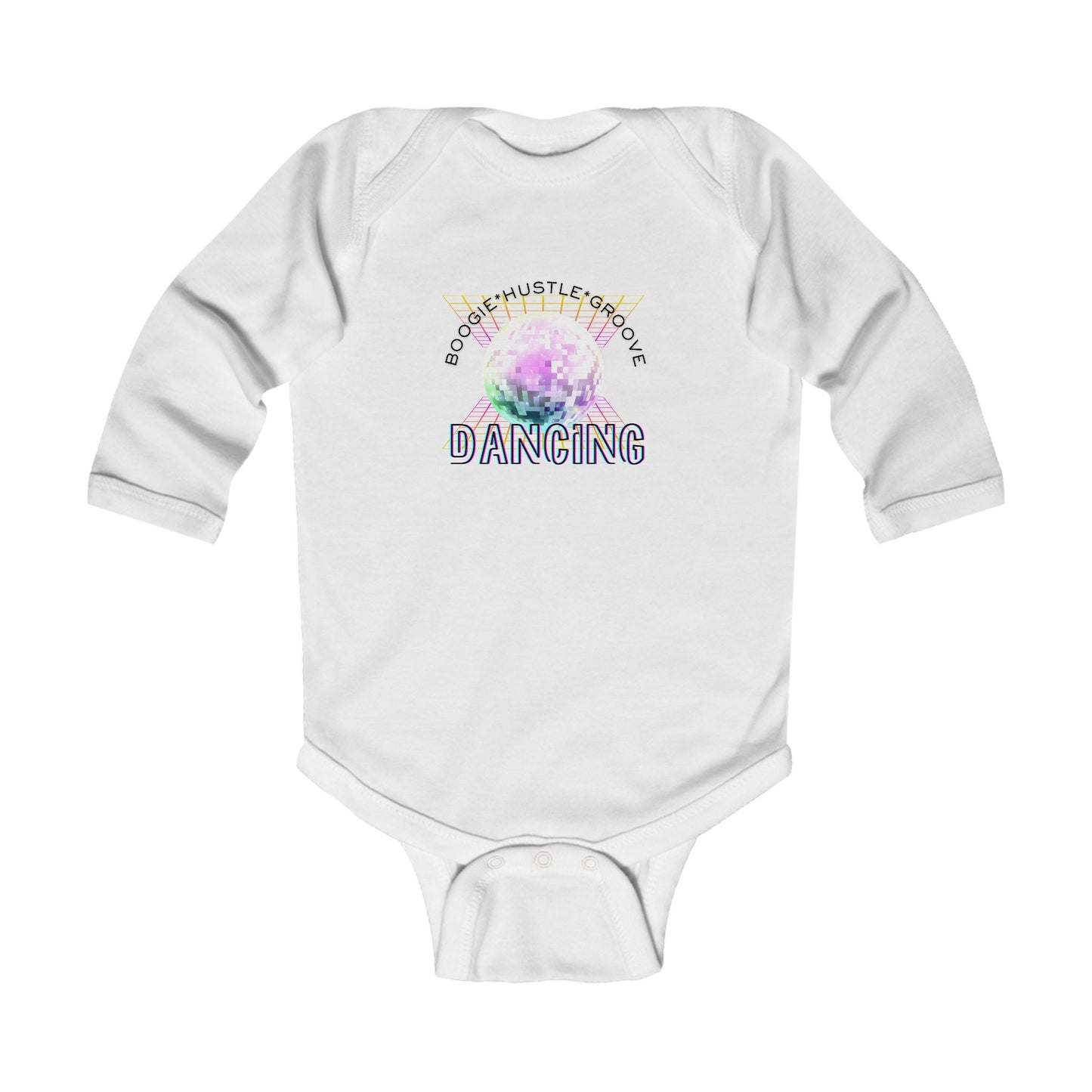 "Boogie, Hustle, Groove - Dancing" Infant Long Sleeve Bodysuit | Retro Dance Baby Onesie for Future Dancers