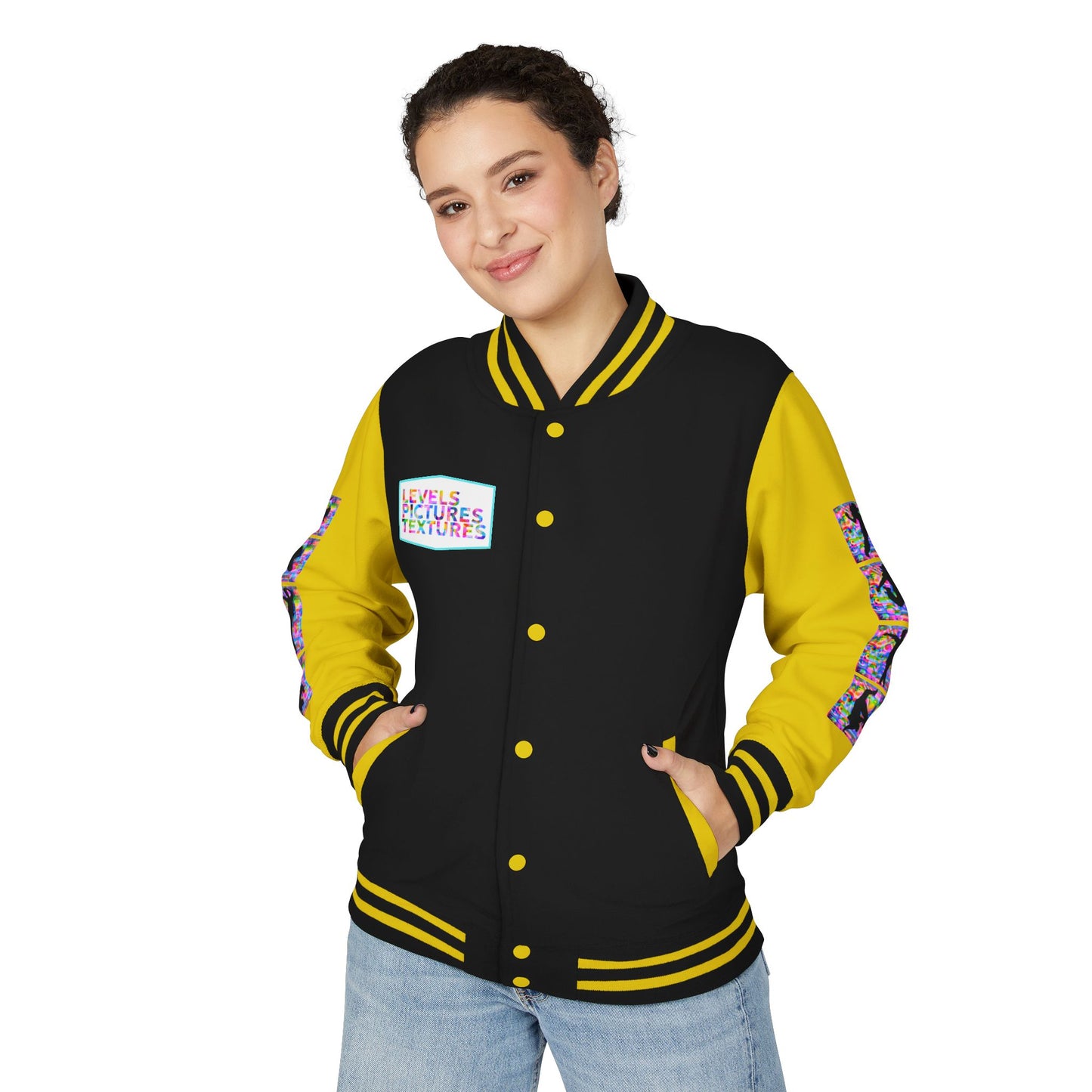 Levels Premium Collection Dance Letterman Jacket β Colorful Unisex Streetwear Varsity Jacket with "Levels Pictures Textures" Front and Dancer Silhouette Back Graphic