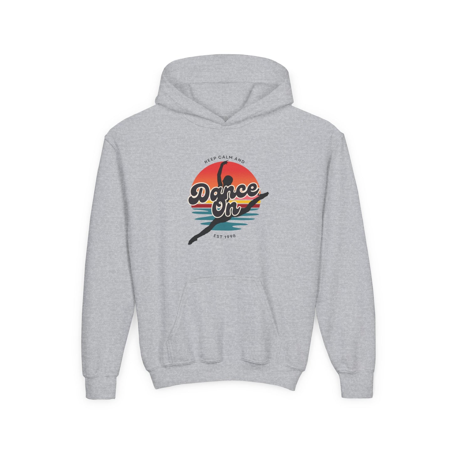 "Keep Calm and Dance On" Youth Hooded Sweatshirt – Retro Dance Quote Graphic Fleece Hoodie for Kids and Teens