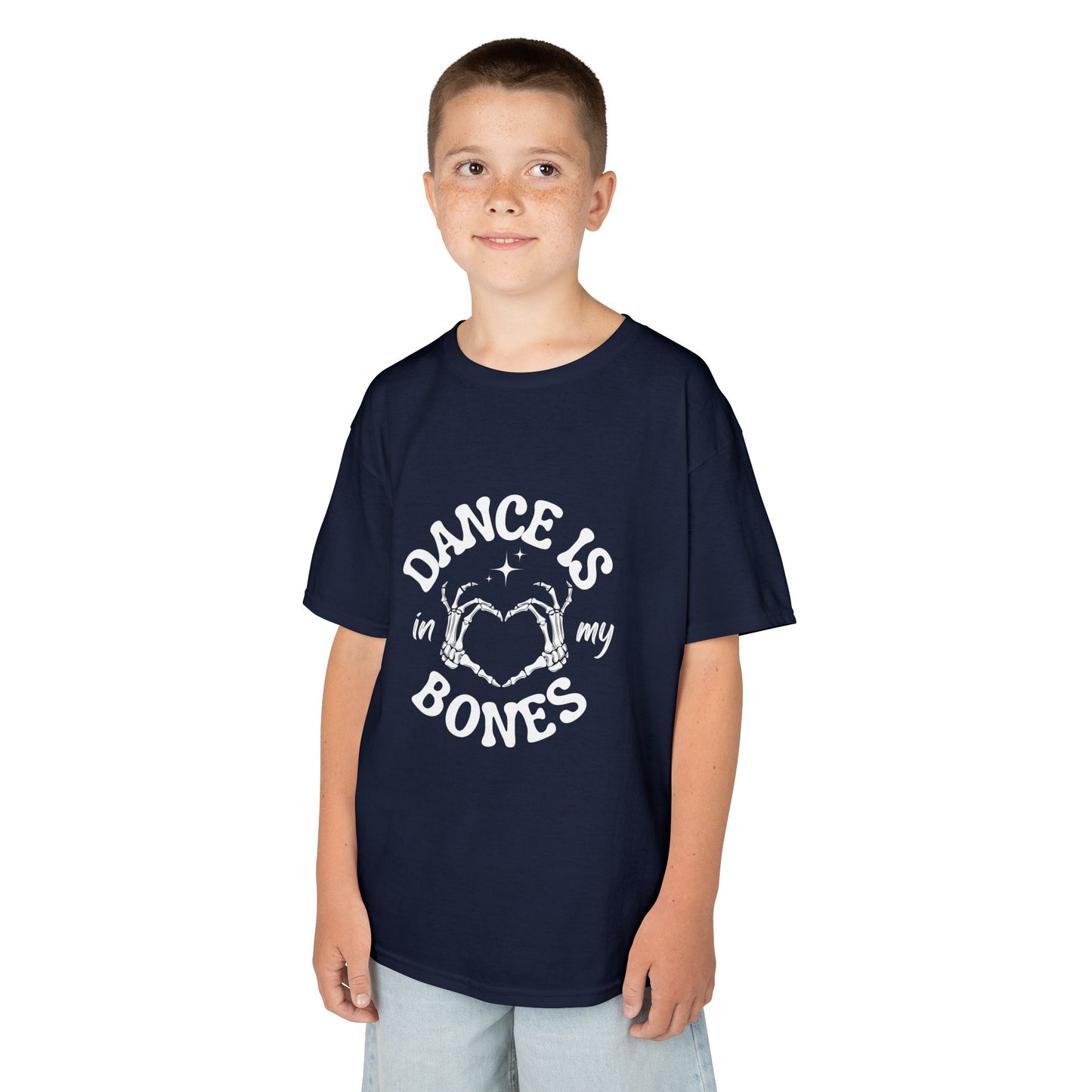 “Dance Is in My Bones” Halloween Dance T-Shirt with Cute Skeleton Heart Graphic - Kids Heavy Cotton™ Tee