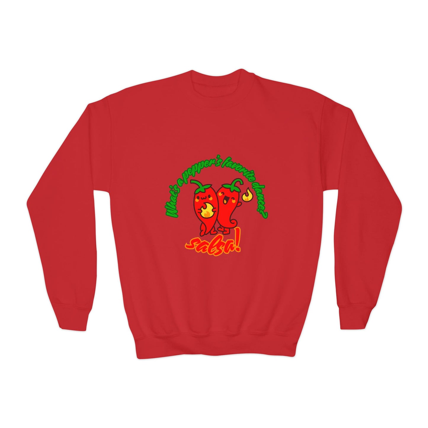 "What's a pepper's favorite dance? Salsa!" – Funny Dance Pun Youth Crewneck Sweatshirt | Cute Pepper Graphic Kids Pullover for Dancers