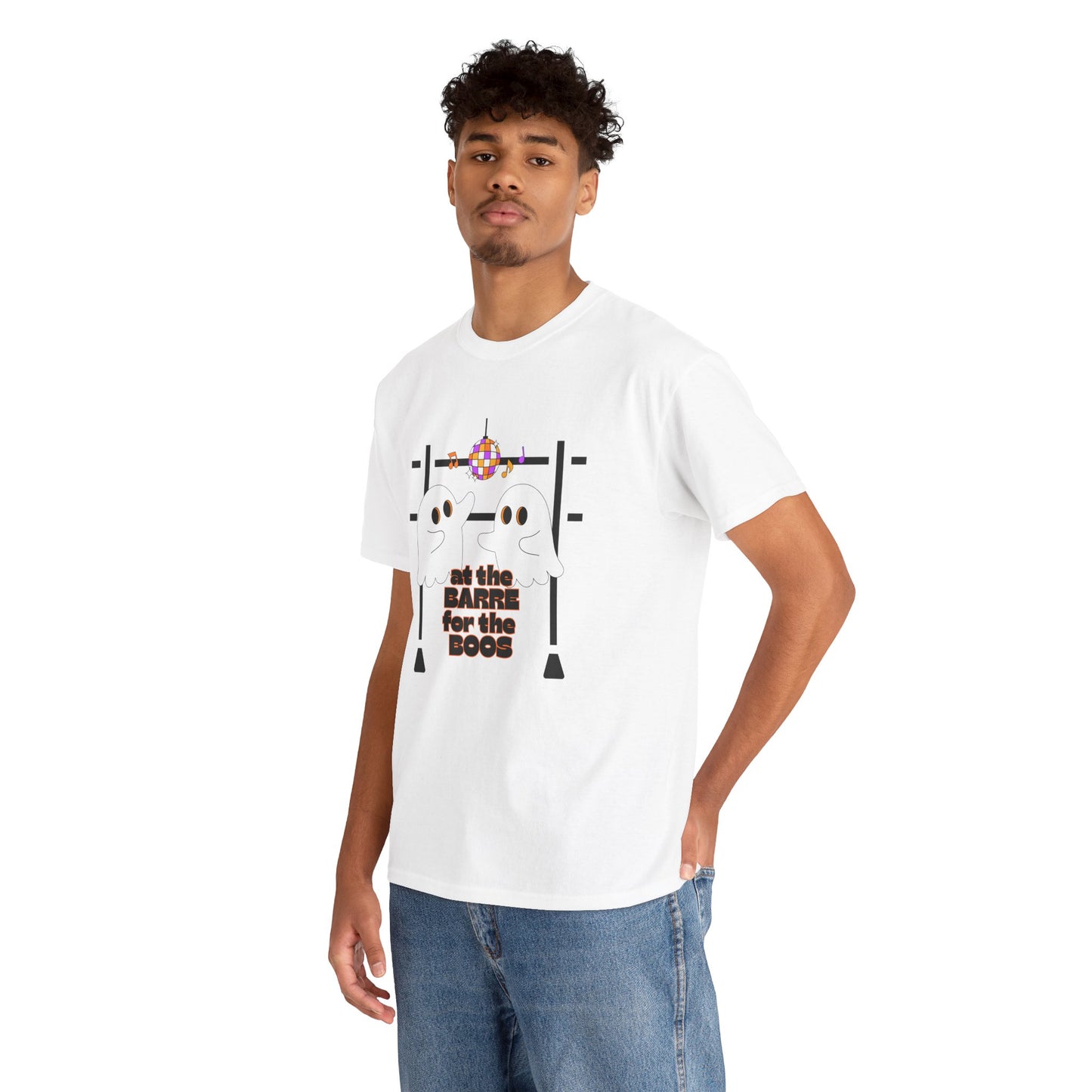“At the Barre for the Boos” Dance Halloween T-Shirt with Cute Ghost Ballet Graphics - Unisex Heavy Cotton Tee