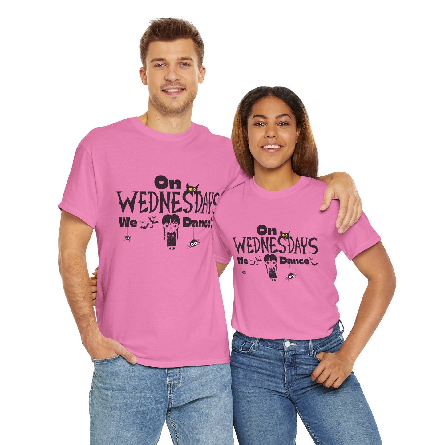 “On Wednesdays We Dance” Gothic Halloween T-Shirt with Cute Girl, Black Cat, Spiders & Bats - Unisex Heavy Cotton Tee