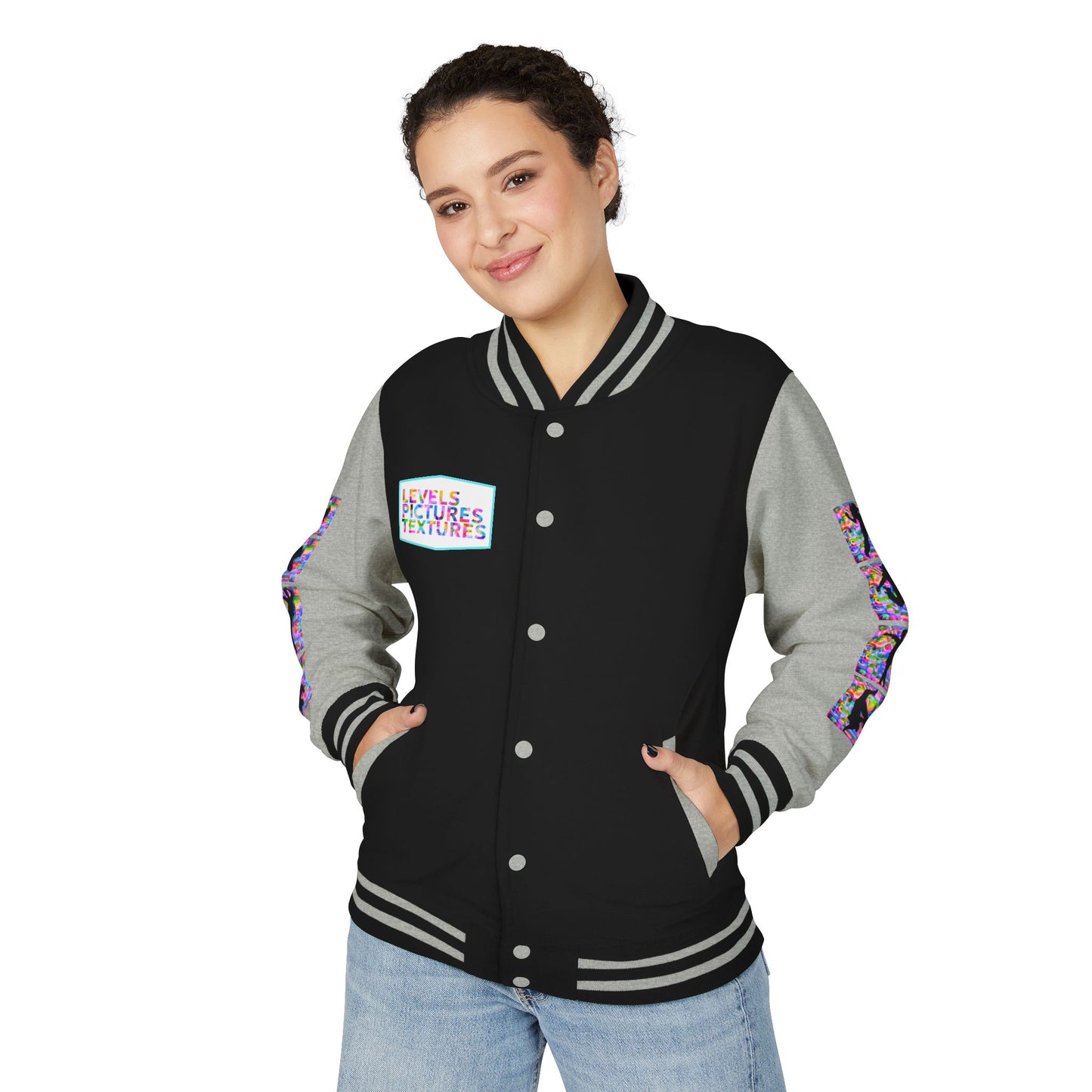 Levels Premium Collection Dance Letterman Jacket β Colorful Unisex Streetwear Varsity Jacket with "Levels Pictures Textures" Front and Dancer Silhouette Back Graphic