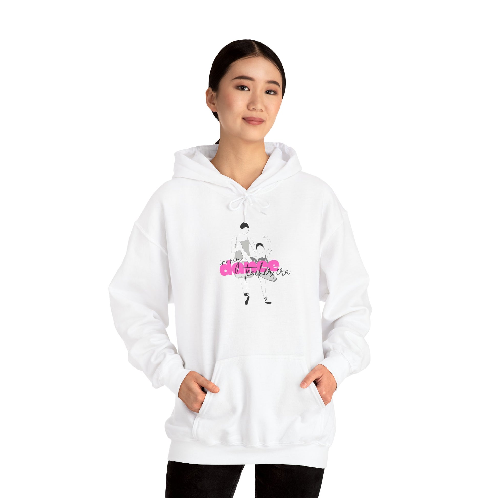 Person wearing a white hoodie with a graphic design on a white background
