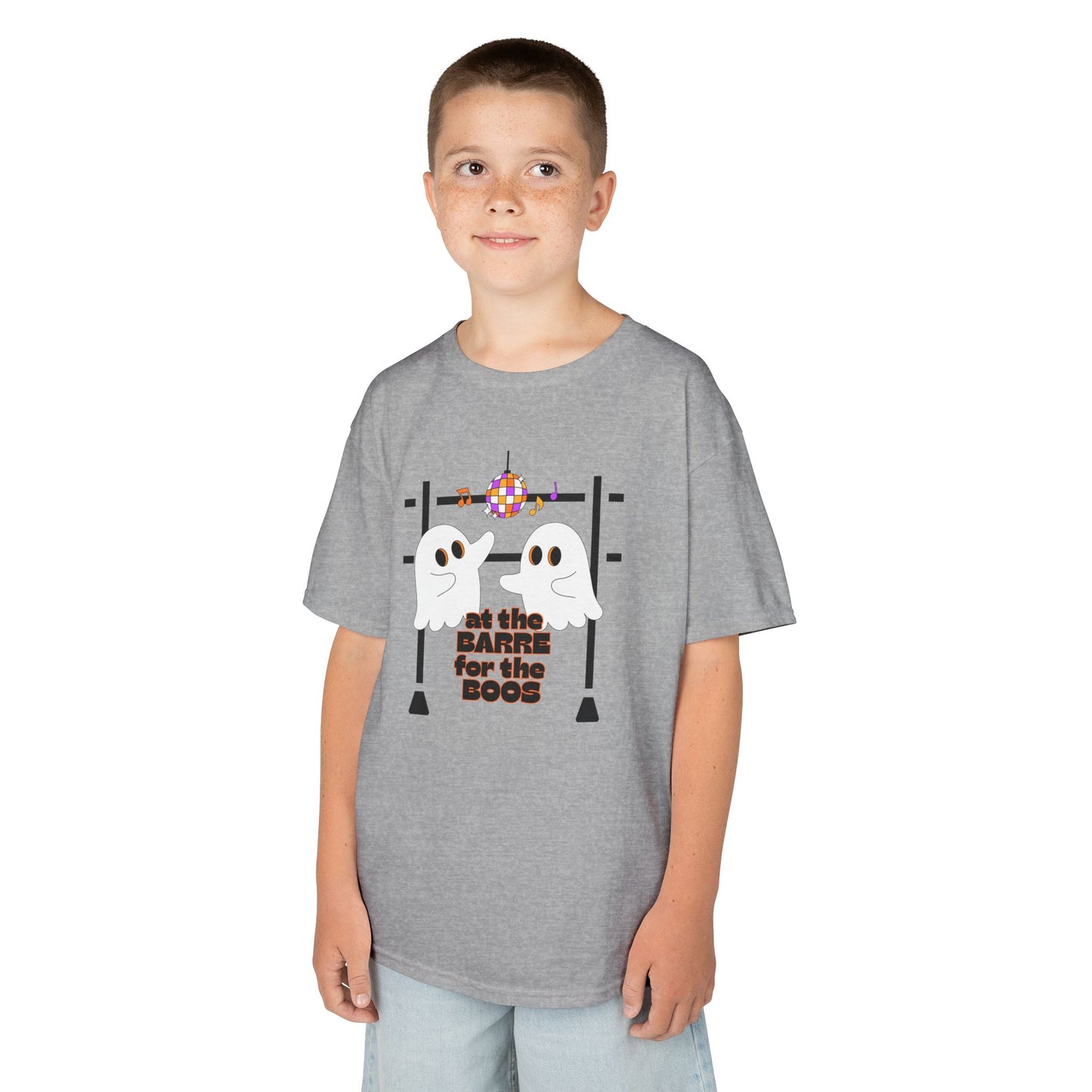 “At the Barre for the Boos” Halloween Dance T-Shirt with Cute Ghost Ballet Graphics - Kids Heavy Cotton™ Tee