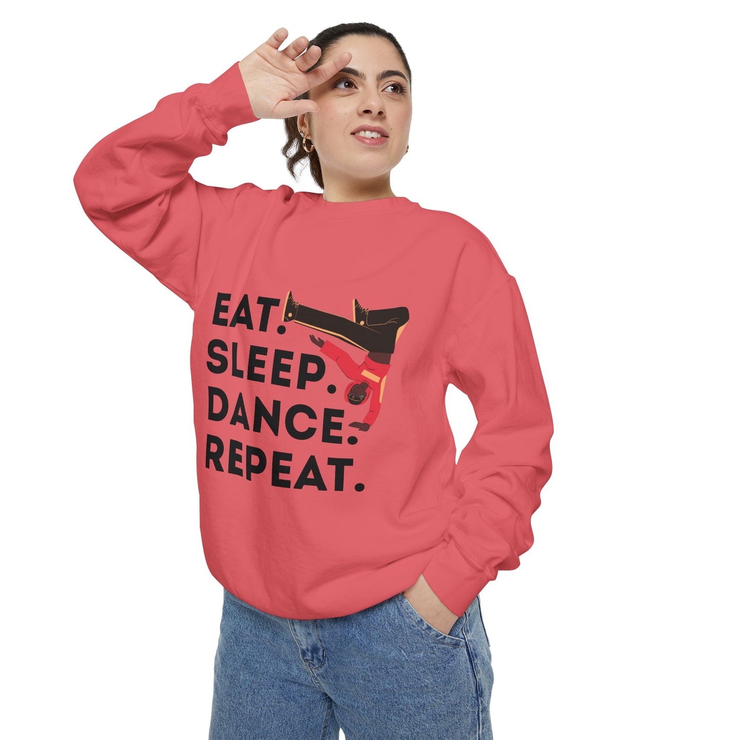"Eat, Sleep, Dance, Repeat." Unisex Lightweight Crewneck Sweatshirt – Bold B-Boy Graphic Pullover for Hip-Hop Dancers & Street Style Fans