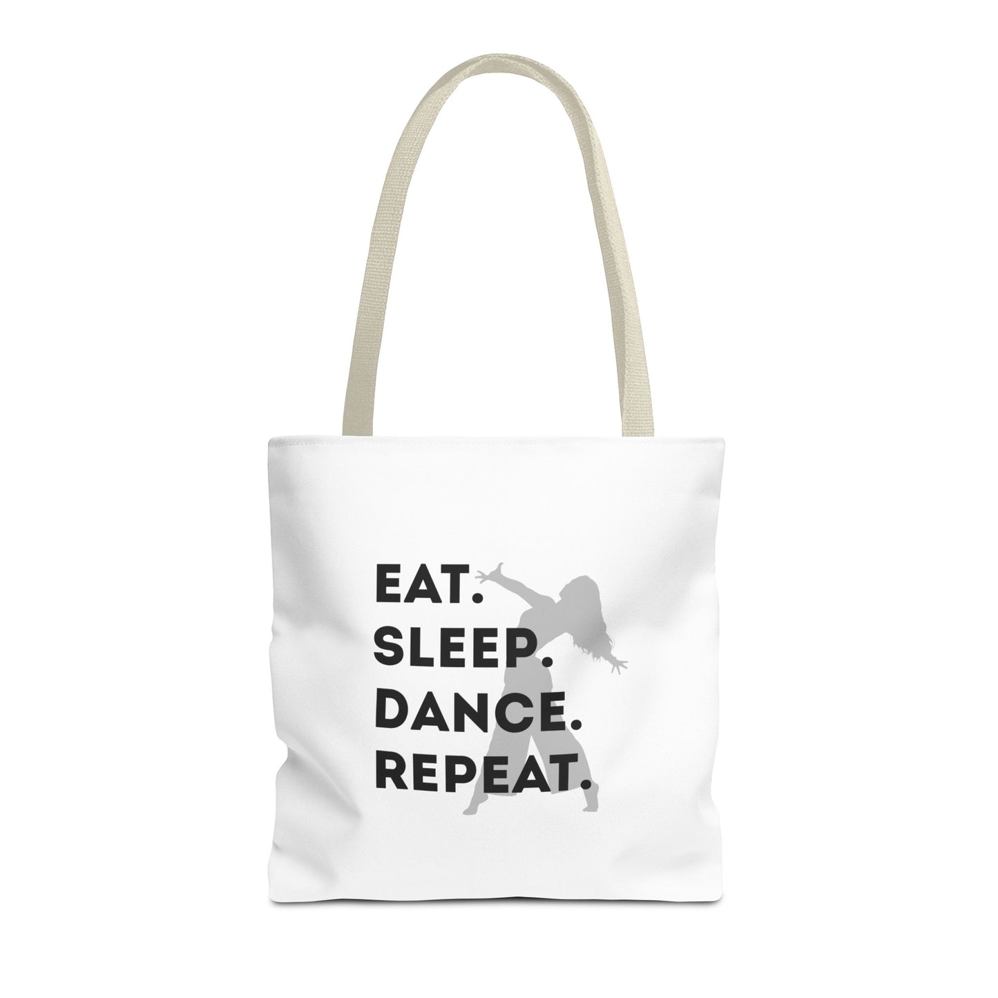 "Eat Sleep Dance Repeat" Canvas Tote Bag – Gray Dancer Silhouette Dance-Themed Reusable Shoulder Bag for Dancers, Studio, or Everyday Use