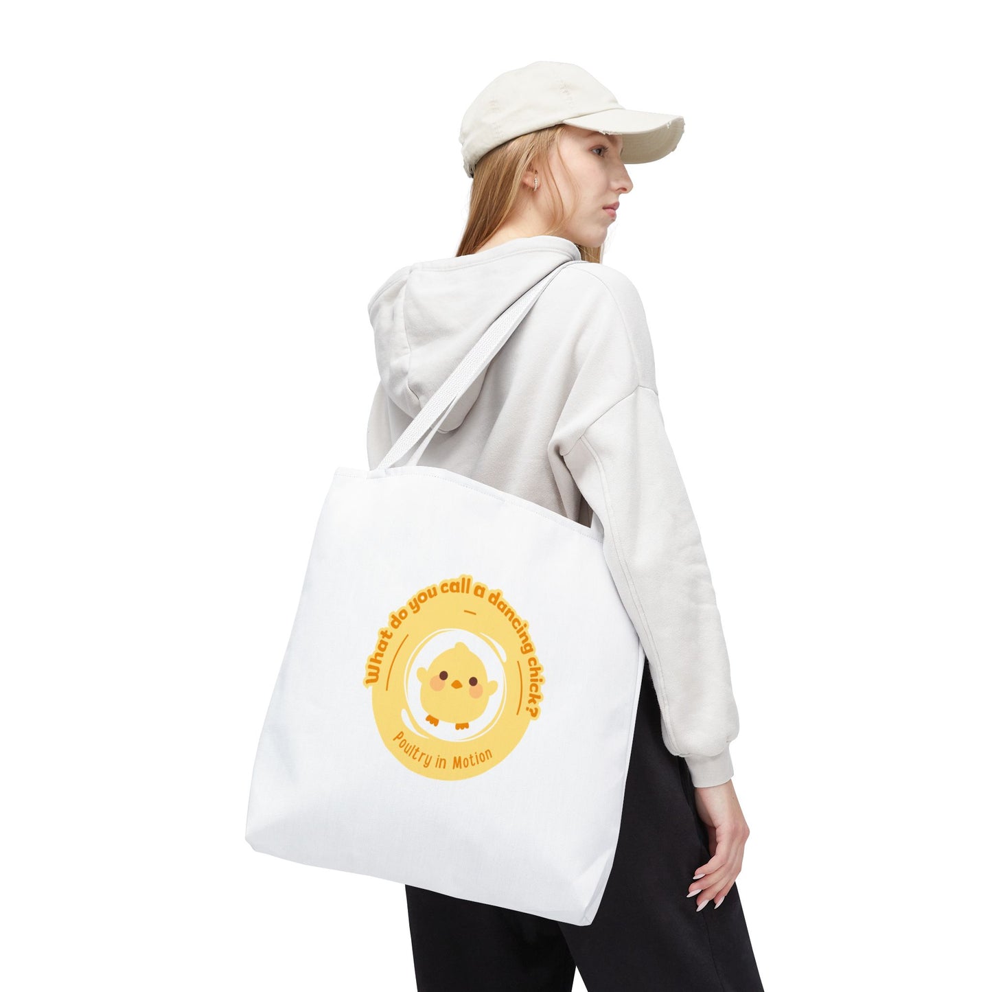 "What do you call a dancing chick? Poultry in Motion" Funny Dance Tote Bag – Kawaii Chicken Canvas Tote for Dancers & Dance Lovers