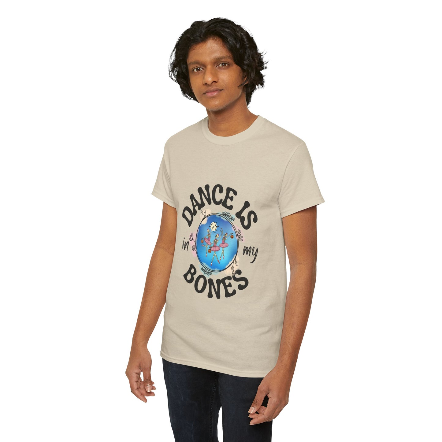 “Dance Is in My Bones” Halloween Dance T-Shirt with Dancing Skeletons Graphic - Unisex Heavy Cotton Tee