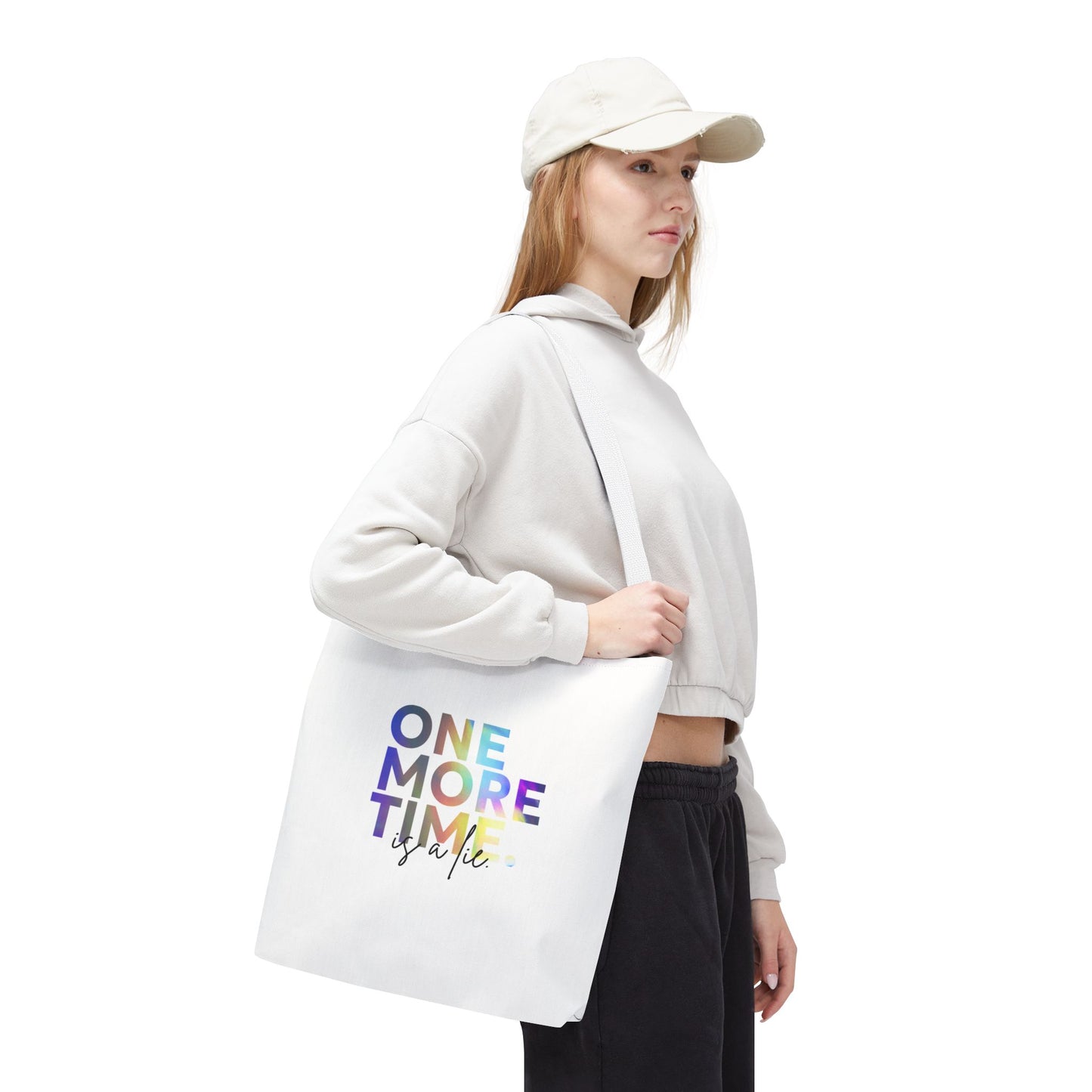 "One More Time Is a Lie" Dance Quote Canvas Tote Bag – Funny Colorful Text Graphic Dance Bag for Rehearsals, Studio & Everyday Use