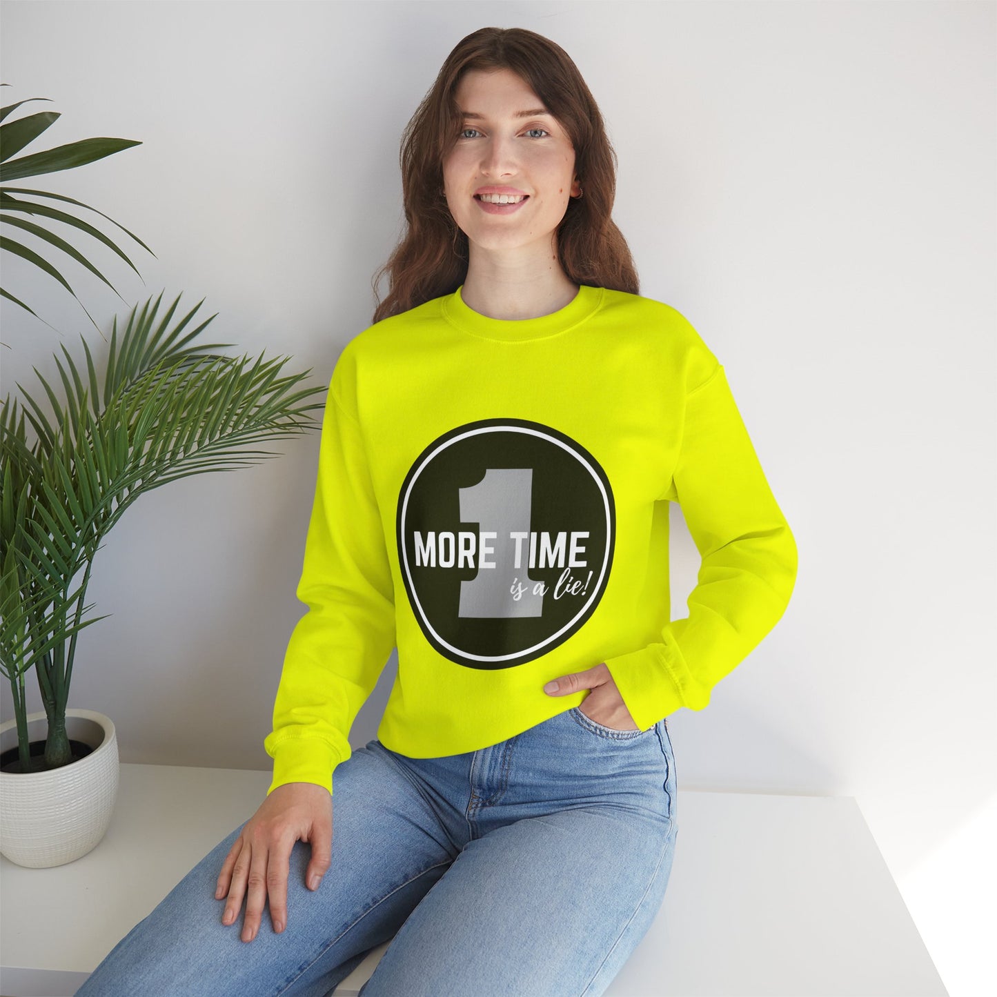 "One More Time Is a Lie." Unisex Heavy Blend Crewneck Sweatshirt – Bold Emblem Graphic Dance Teacher Quote Pullover for Dancers & Studio Life