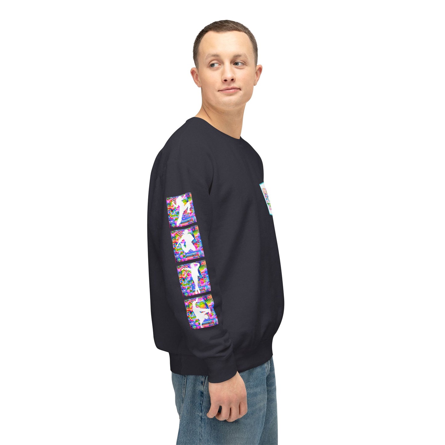 Levels Premium Collection Dance Crewneck Sweatshirt – Vibrant Unisex Streetwear Pullover with "Levels Pictures Textures" Front Text and Dancer Silhouettes on Sleeves