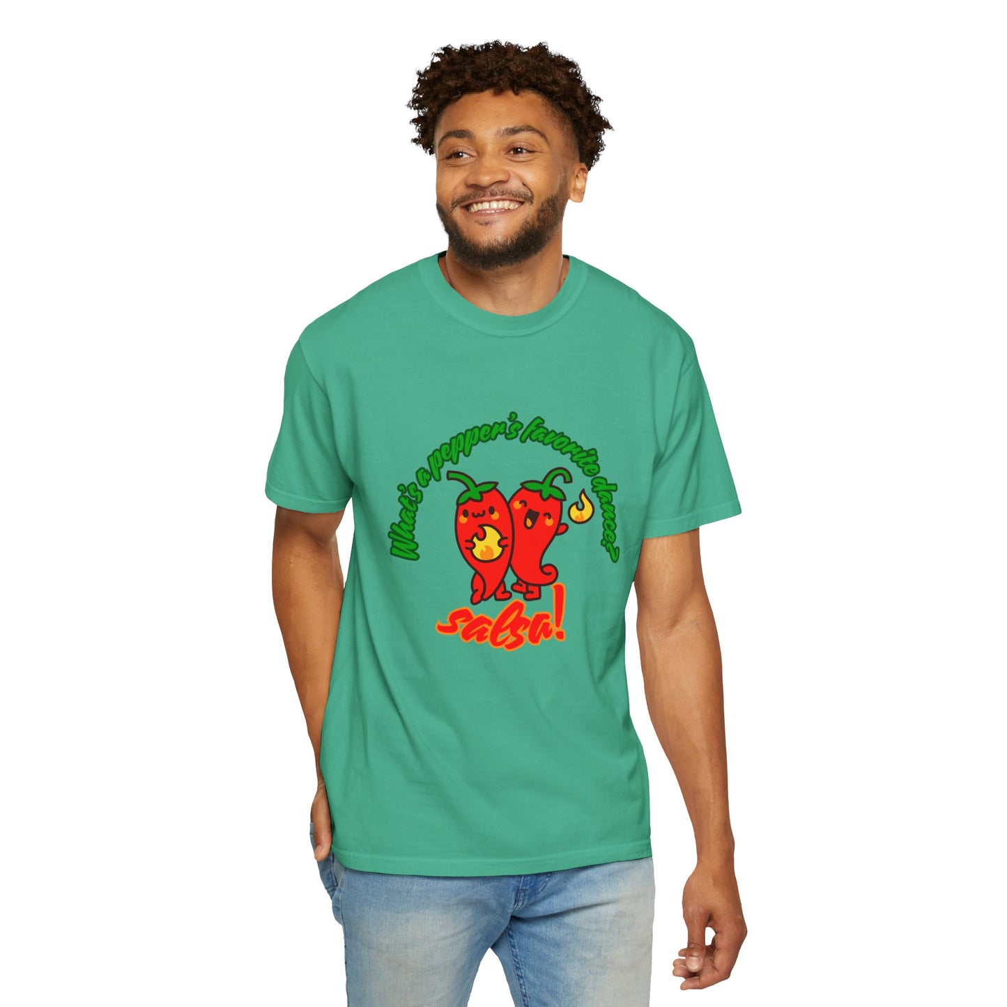 "What's a Pepper's Favorite Dance? Salsa!" Dance Pun Unisex Garment-Dyed T-Shirt – Funny Dance Joke Tee with Cute Pepper Graphic – Dance Humor Shirt for Food & Pun Lovers