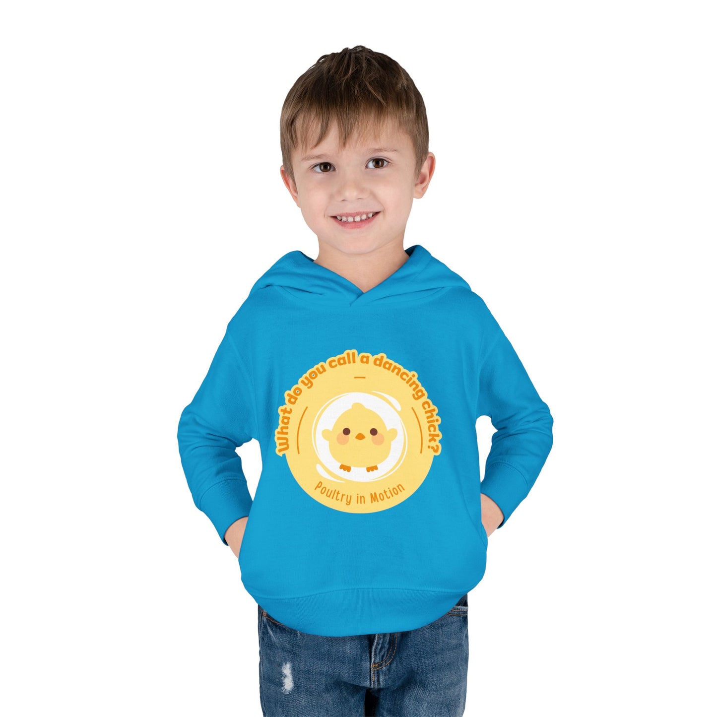 "What do you call a dancing chick? Poultry in Motion." Toddler Pullover Hoodie – Funny Dancing Chicken Pun Graphic Fleece Sweatshirt for Kids