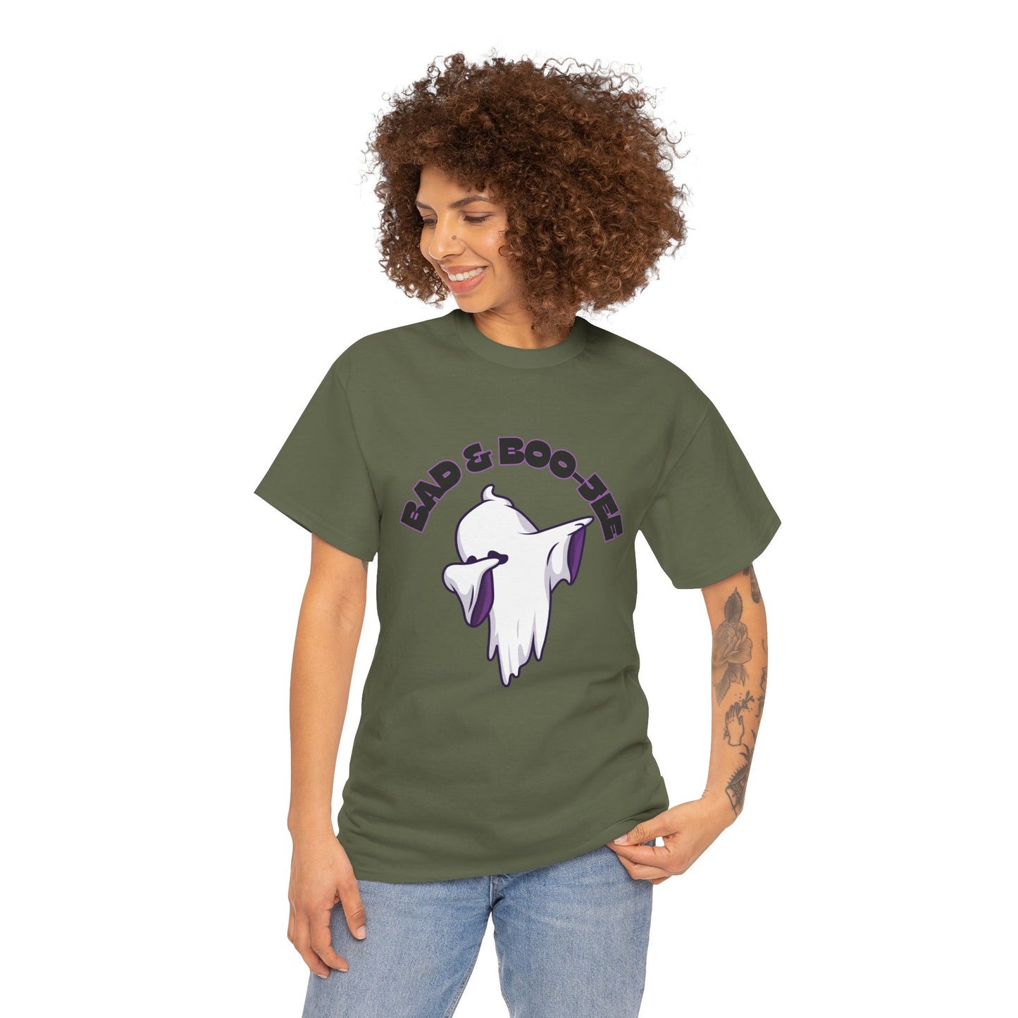 “Bad & Boo-jee” Funny Halloween Dance T-Shirt with Cute Ghost Dab Graphic - Unisex Heavy Cotton Tee