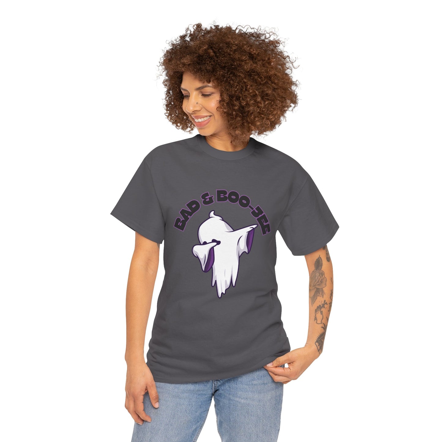“Bad & Boo-jee” Funny Halloween Dance T-Shirt with Cute Ghost Dab Graphic - Unisex Heavy Cotton Tee