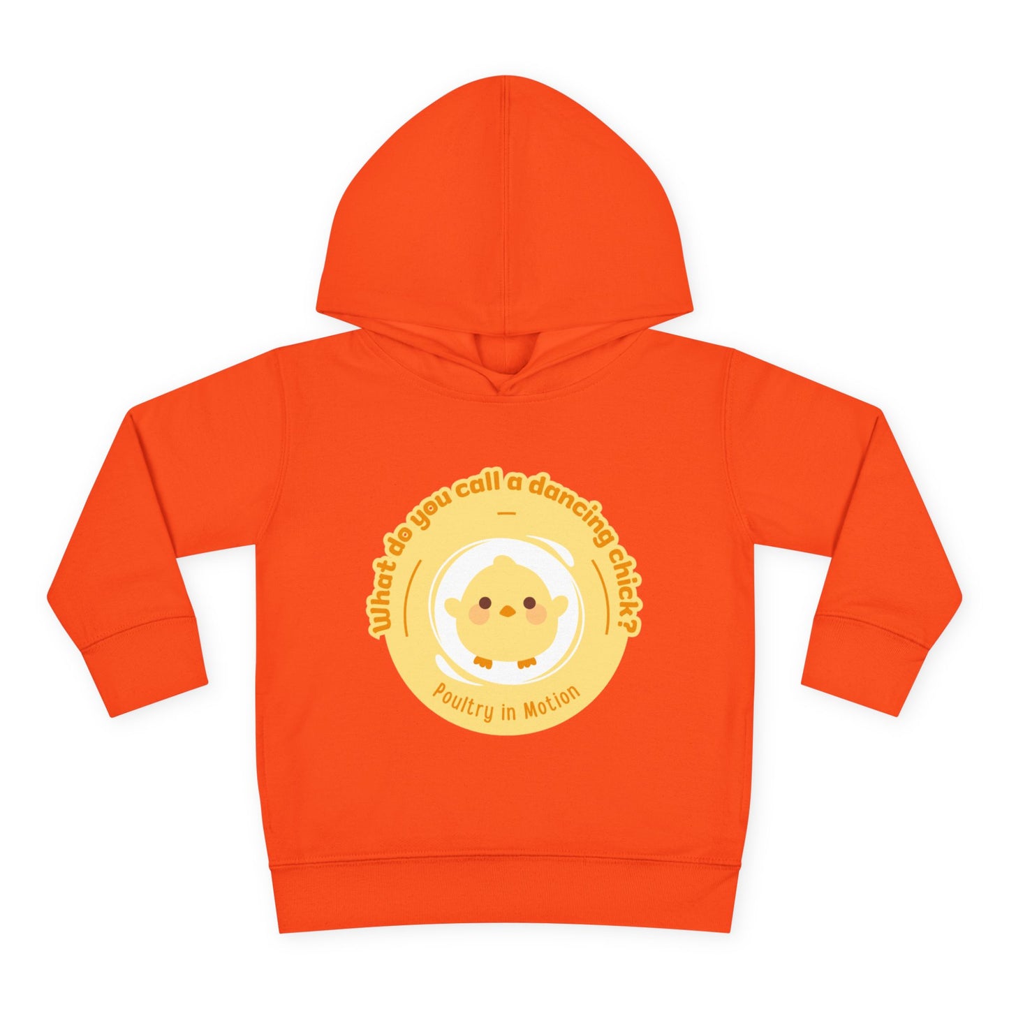 "What do you call a dancing chick? Poultry in Motion." Toddler Pullover Hoodie – Funny Dancing Chicken Pun Graphic Fleece Sweatshirt for Kids