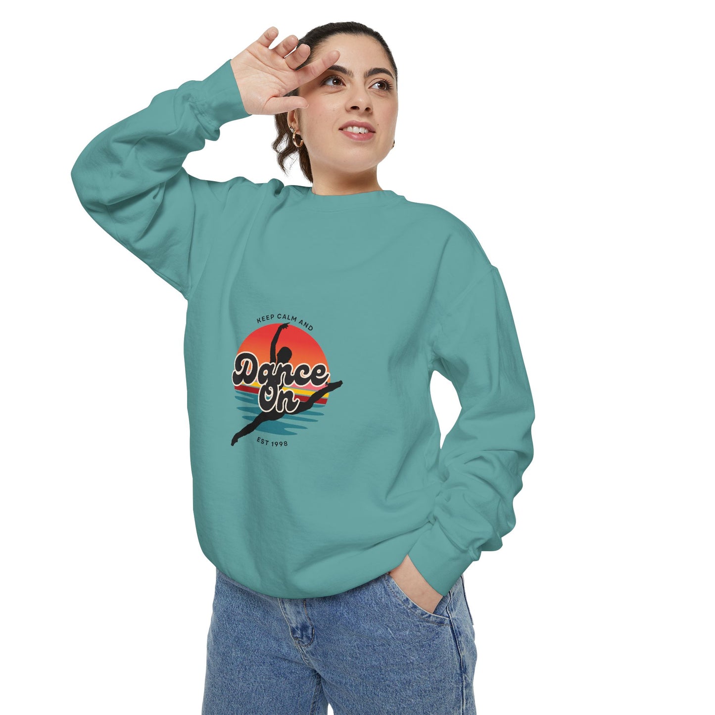 "Keep Calm and Dance On" Unisex Lightweight Crewneck Sweatshirt – Retro-Inspired Dance Graphic Pullover for Dancers & Movement Lovers