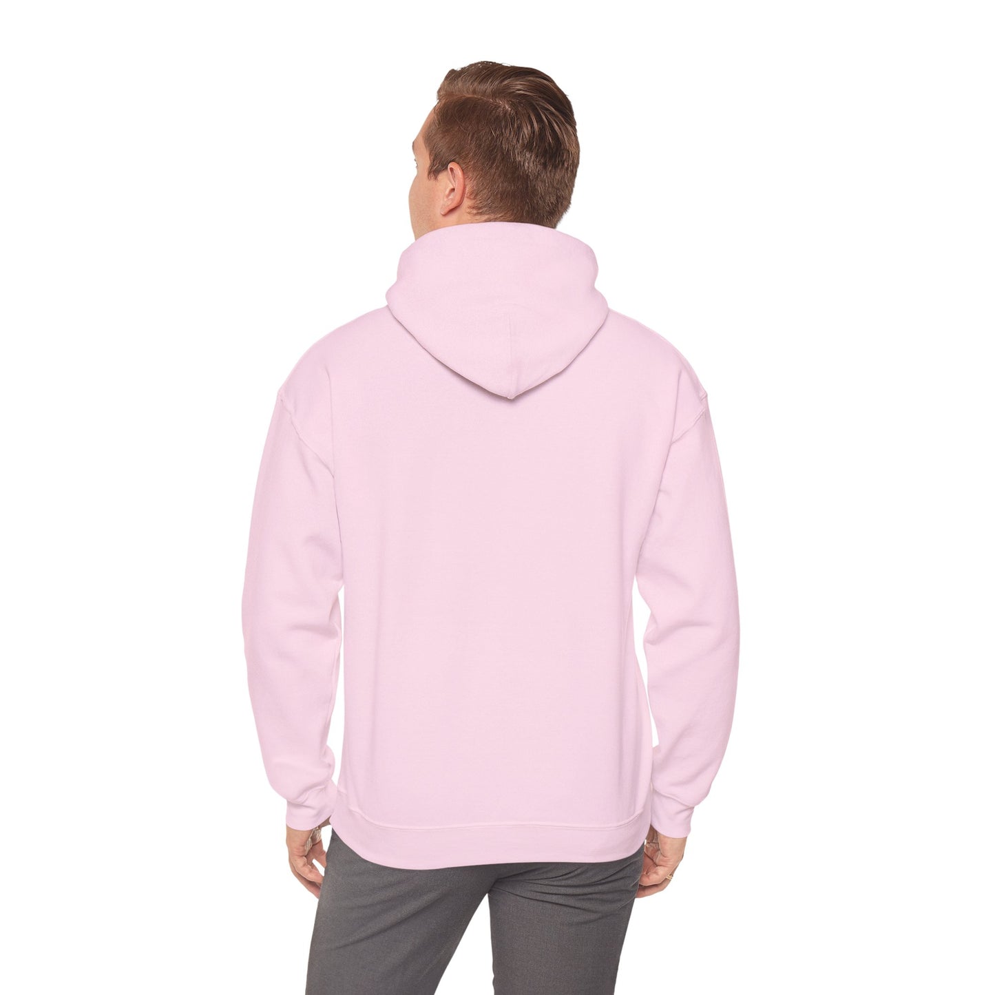 Person wearing a light pink hoodie on a white background