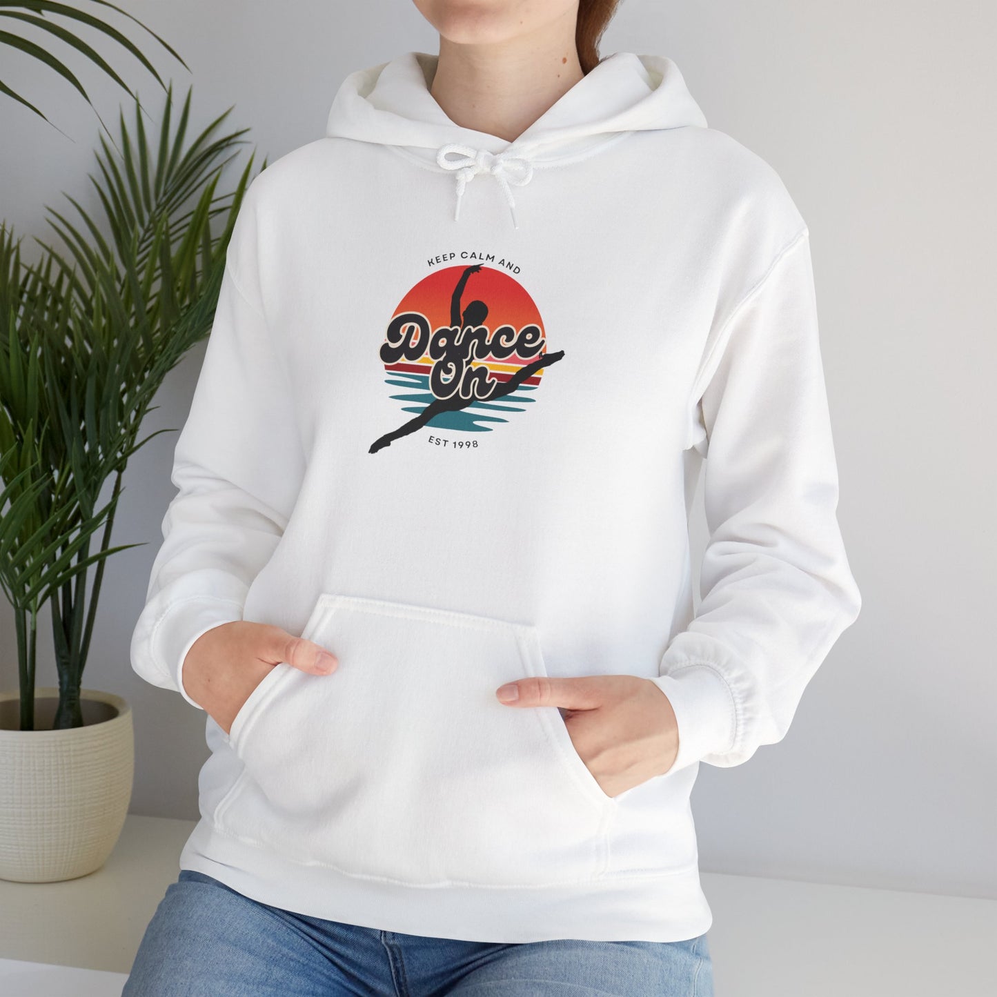 “Keep Calm and Dance On” Retro Hoodie – Unisex Dance-Inspired Hooded Sweatshirt for Dancers & Movement Lovers