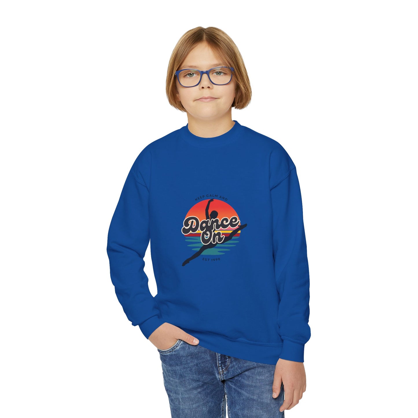 "Keep Calm and Dance On" Youth Crewneck Sweatshirt – Retro Graphic Dance-Themed Kids Pullover for Young Performers