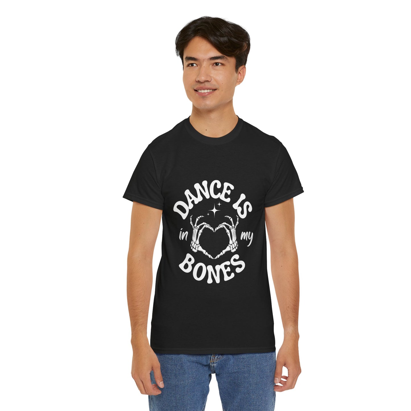 “Dance Is in My Bones” Halloween Dance T-Shirt with Cute Skeleton Heart Graphic - Unisex Heavy Cotton Tee