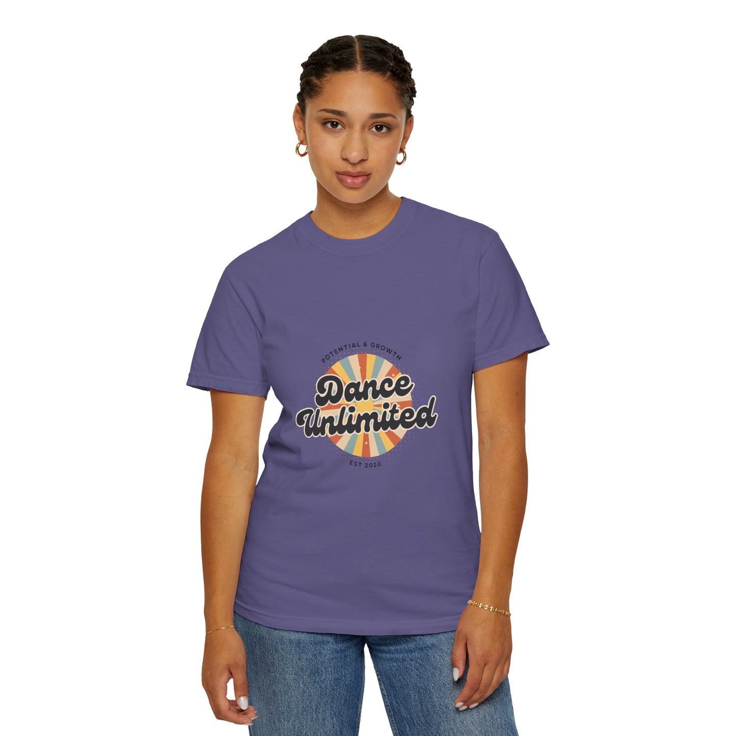 "Dance Unlimited, Potential & Growth" Unisex Garment-Dyed T-Shirt – Retro-Inspired Dance Motivation Graphic Tee – Inspirational Shirt for Dancers"