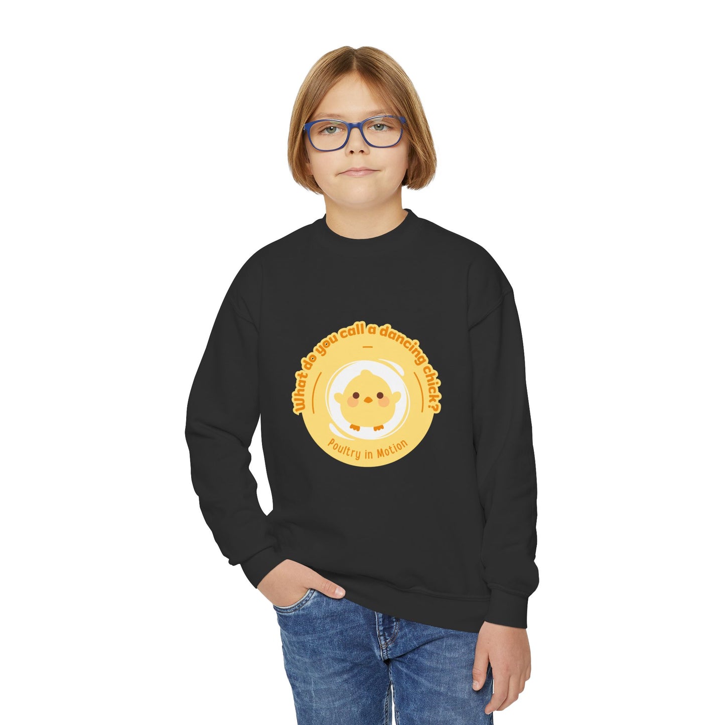 "What do you call a dancing chick? Poultry in Motion." – Funny Dance Pun Youth Crewneck Sweatshirt | Cute Dancing Chicken Kids Pullover