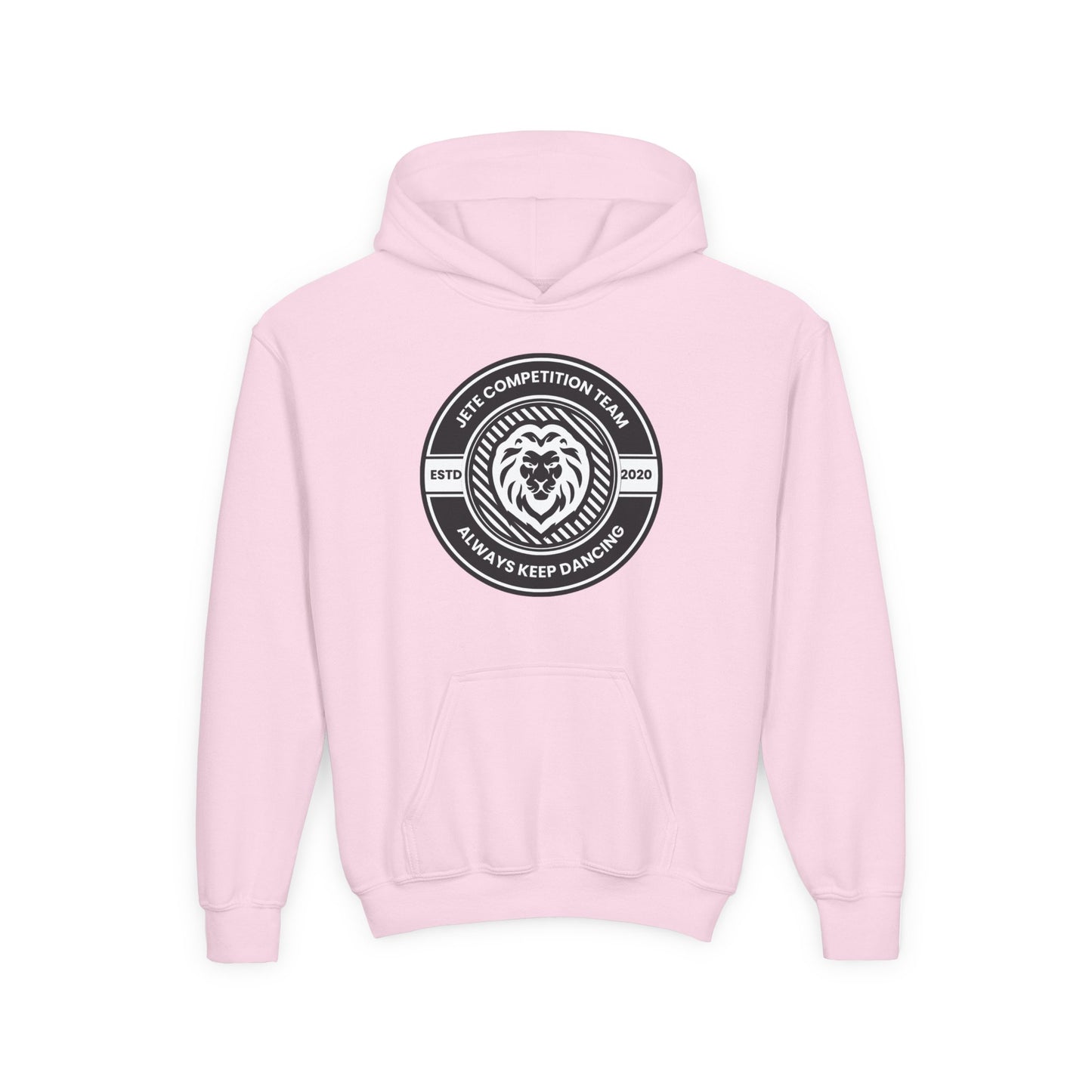 "Jeté Competition Team - Always Keep Dancing" Youth Hooded Sweatshirt – Bold Collegiate Emblem Dance Graphic Hoodie for Kids and Teens