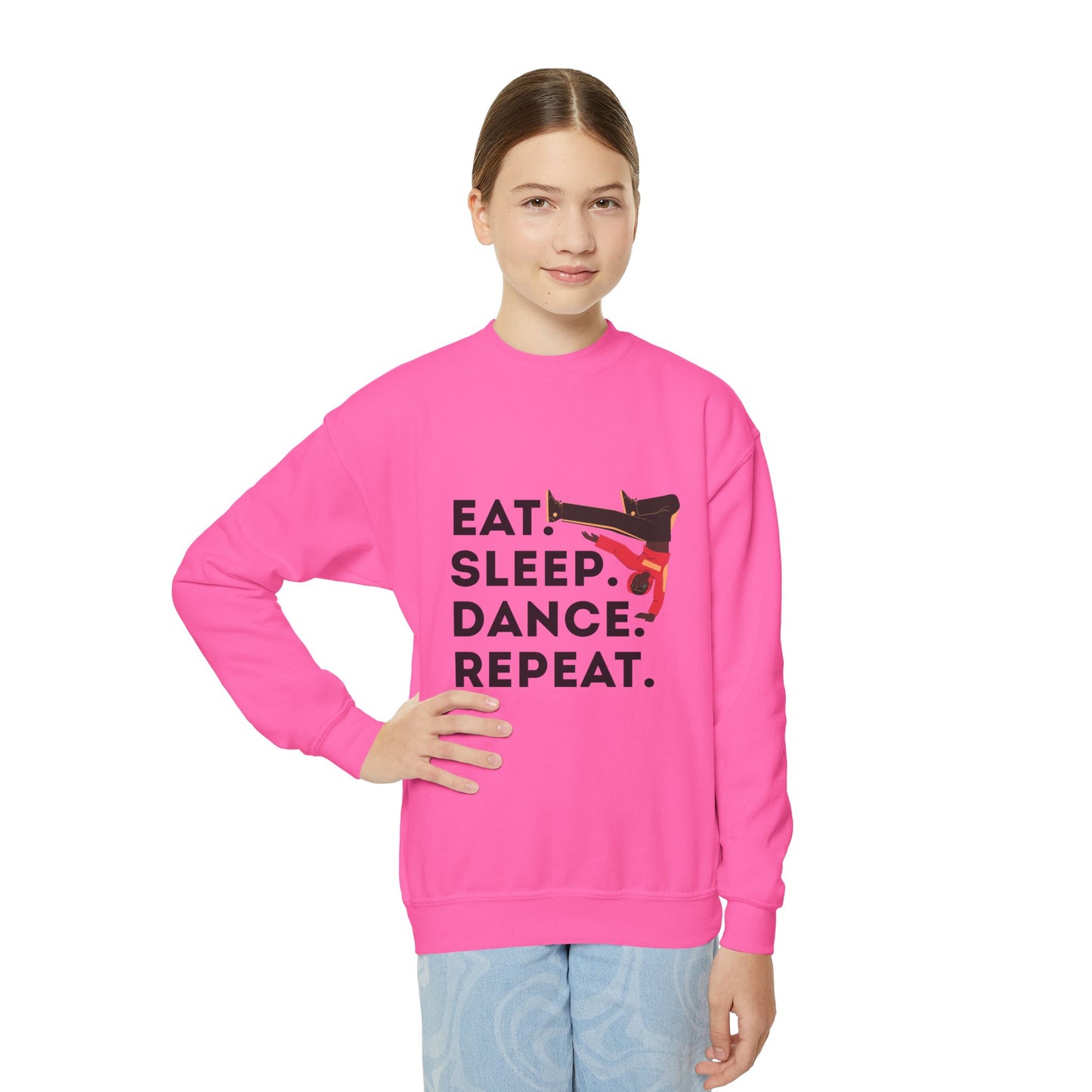 "Eat Sleep Dance Repeat" – Bold B-Boy Graphic Youth Crewneck Sweatshirt | Hip Hop Dance Kids Pullover