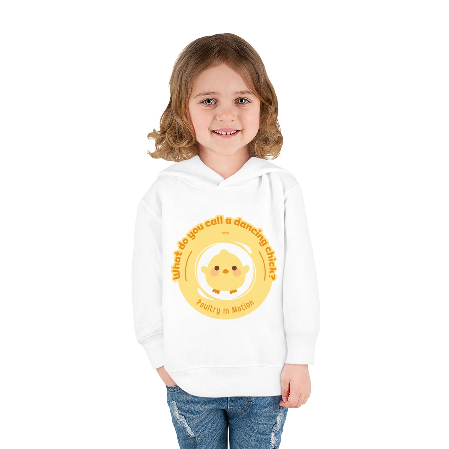 "What do you call a dancing chick? Poultry in Motion." Toddler Pullover Hoodie – Funny Dancing Chicken Pun Graphic Fleece Sweatshirt for Kids