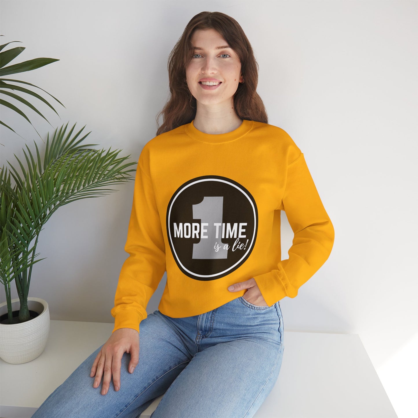 "One More Time Is a Lie." Unisex Heavy Blend Crewneck Sweatshirt – Bold Emblem Graphic Dance Teacher Quote Pullover for Dancers & Studio Life