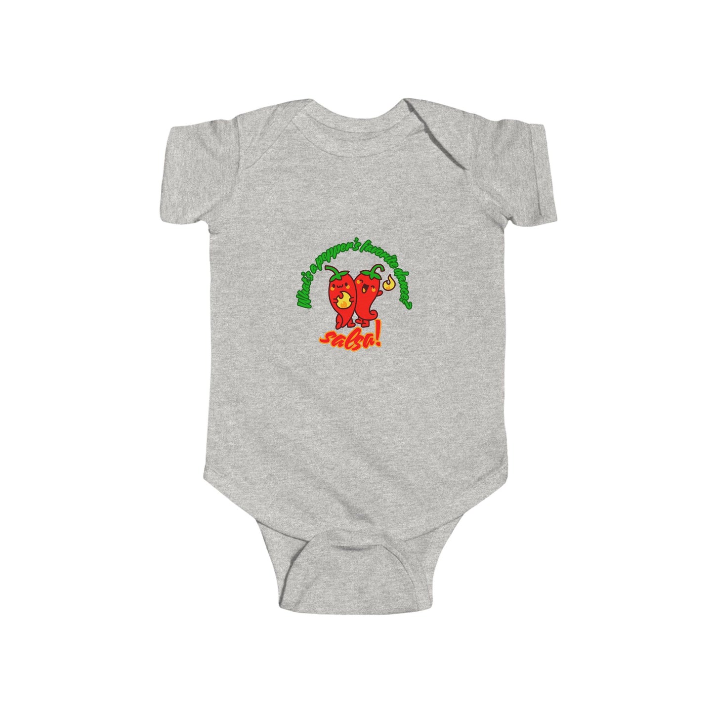 "What's a Pepper's Favorite Dance? Salsa!" Infant Short Sleeve Bodysuit – Cute Dance Pun Graphic Baby Outfit for Jeté Dance Fans