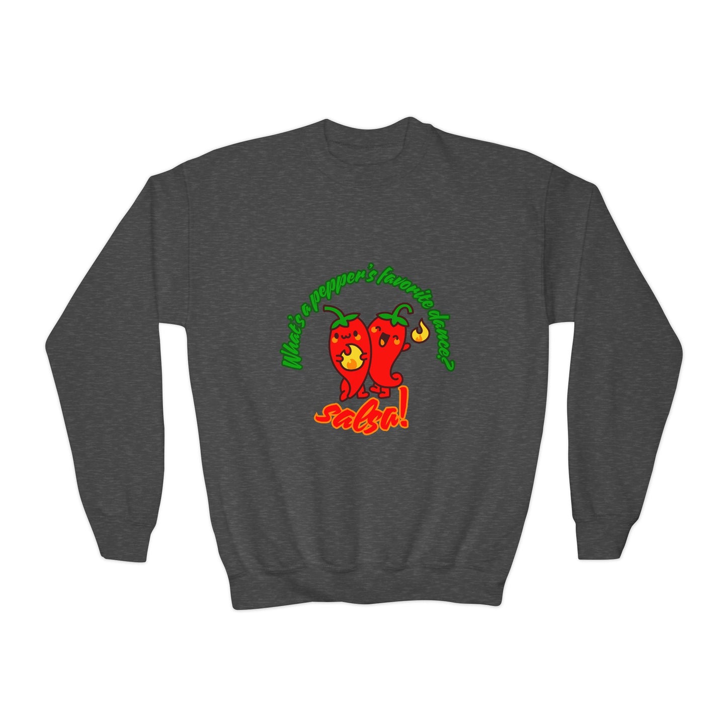 "What's a pepper's favorite dance? Salsa!" – Funny Dance Pun Youth Crewneck Sweatshirt | Cute Pepper Graphic Kids Pullover for Dancers
