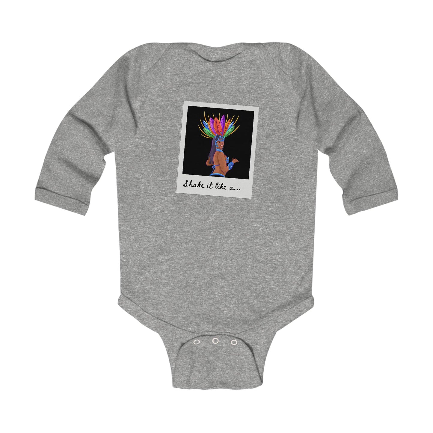 "Shake It Like a..." Infant Long Sleeve Bodysuit – Carnival-Inspired Samba Dancer Graphic Baby Outfit for Dance-Loving Families
