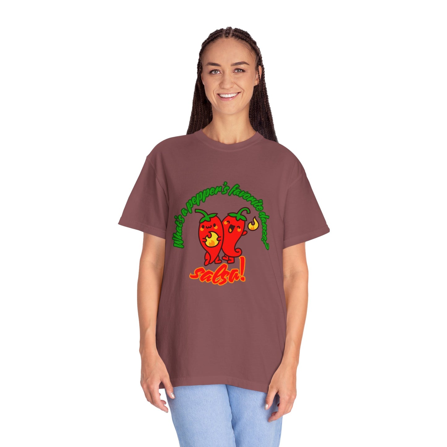 "What's a Pepper's Favorite Dance? Salsa!" Dance Pun Unisex Garment-Dyed T-Shirt – Funny Dance Joke Tee with Cute Pepper Graphic – Dance Humor Shirt for Food & Pun Lovers
